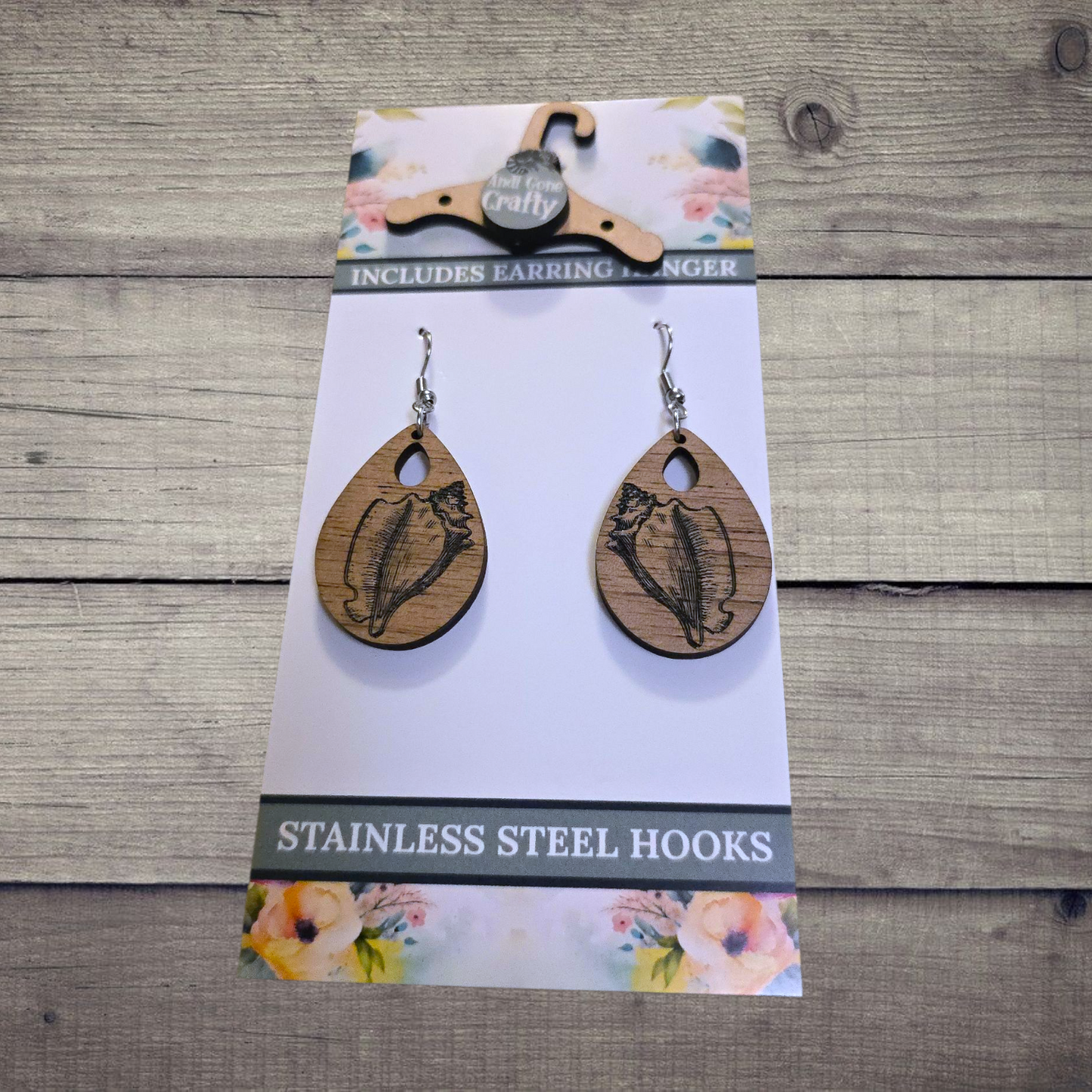 Shell - (Lightweight Wood and Stainless Steel Hooks) - Earring Number 300304