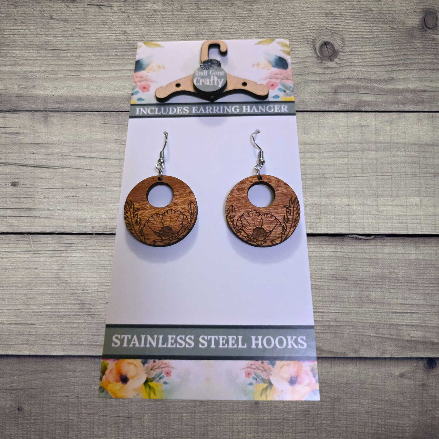 Flower - (Lightweight Wood and Stainless Steel Hooks) - Earring Number 300307