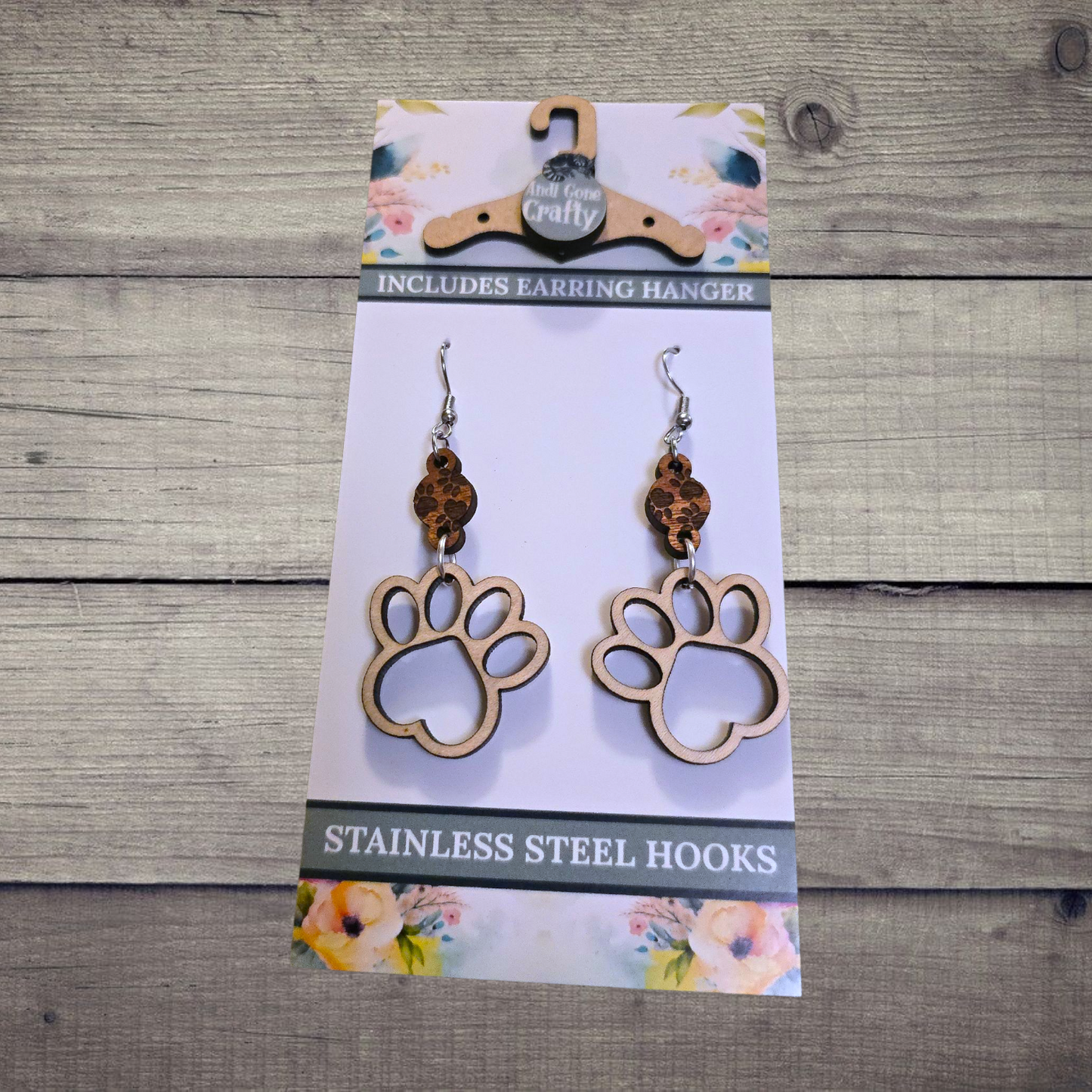 Paw - (Lightweight Wood and Stainless Steel Hooks) - Earring Number 300296