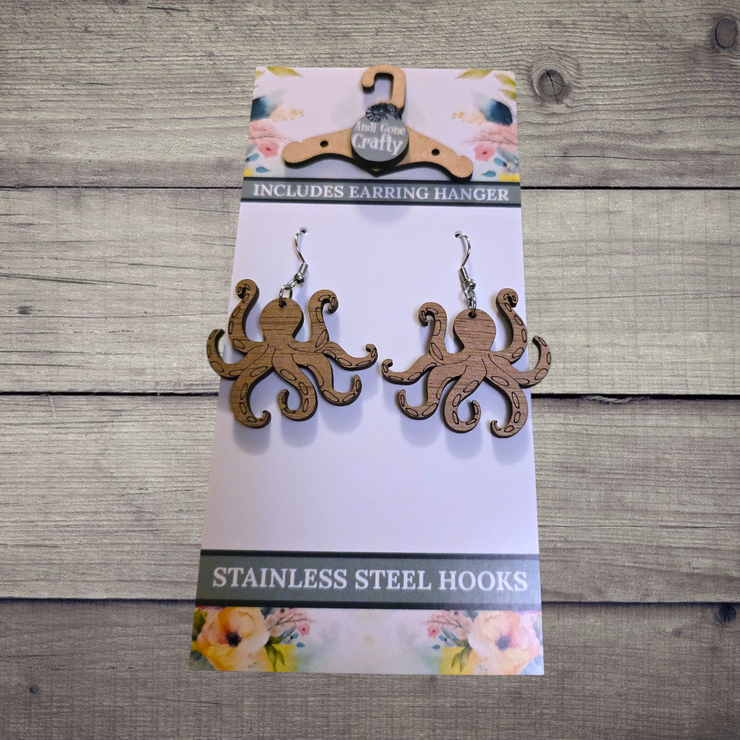 Octopus - (Lightweight Wood and Stainless Steel Hooks) - Earring Number 300271