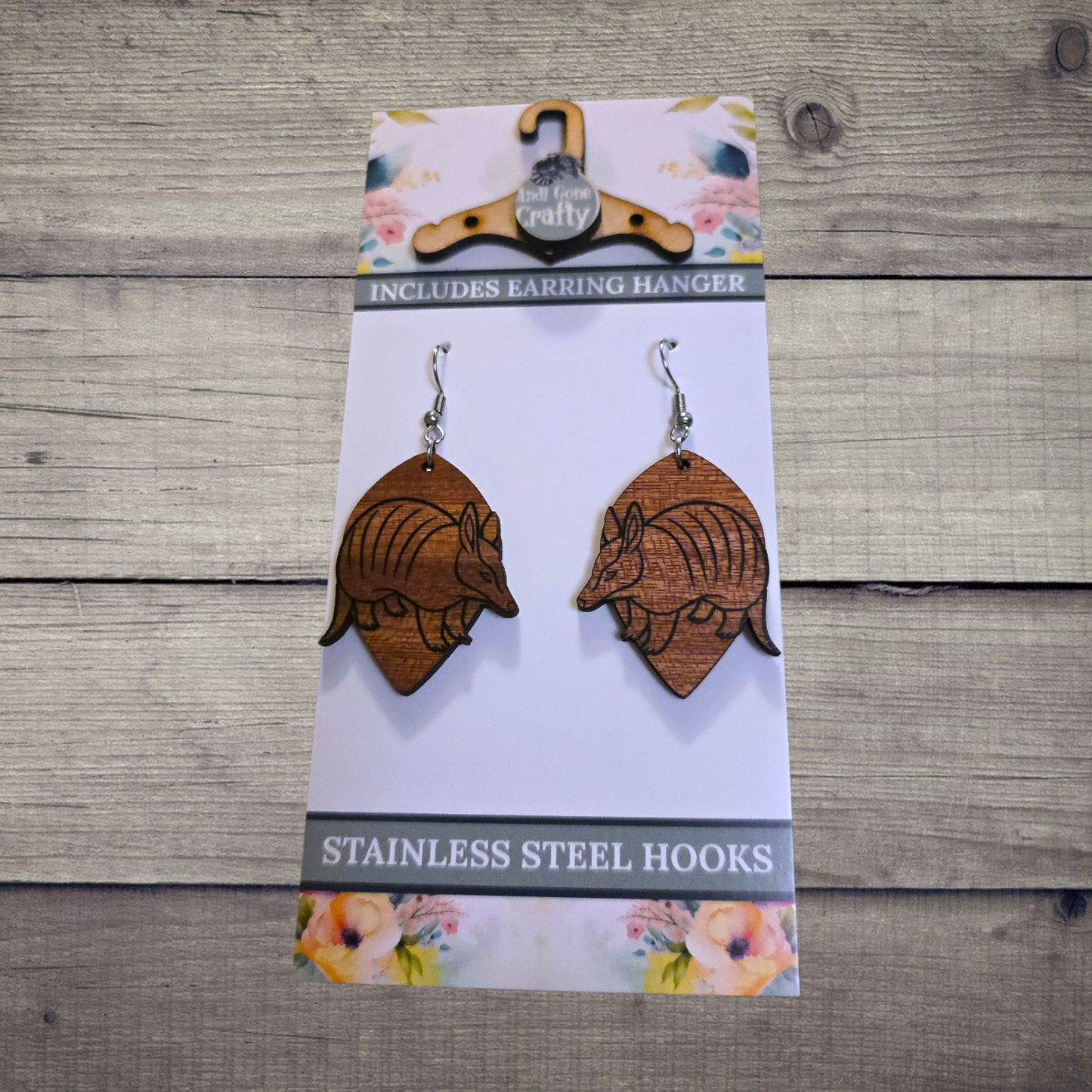 Armadillo - (Lightweight Wood and Stainless Steel Hooks) - Earring Number 300276