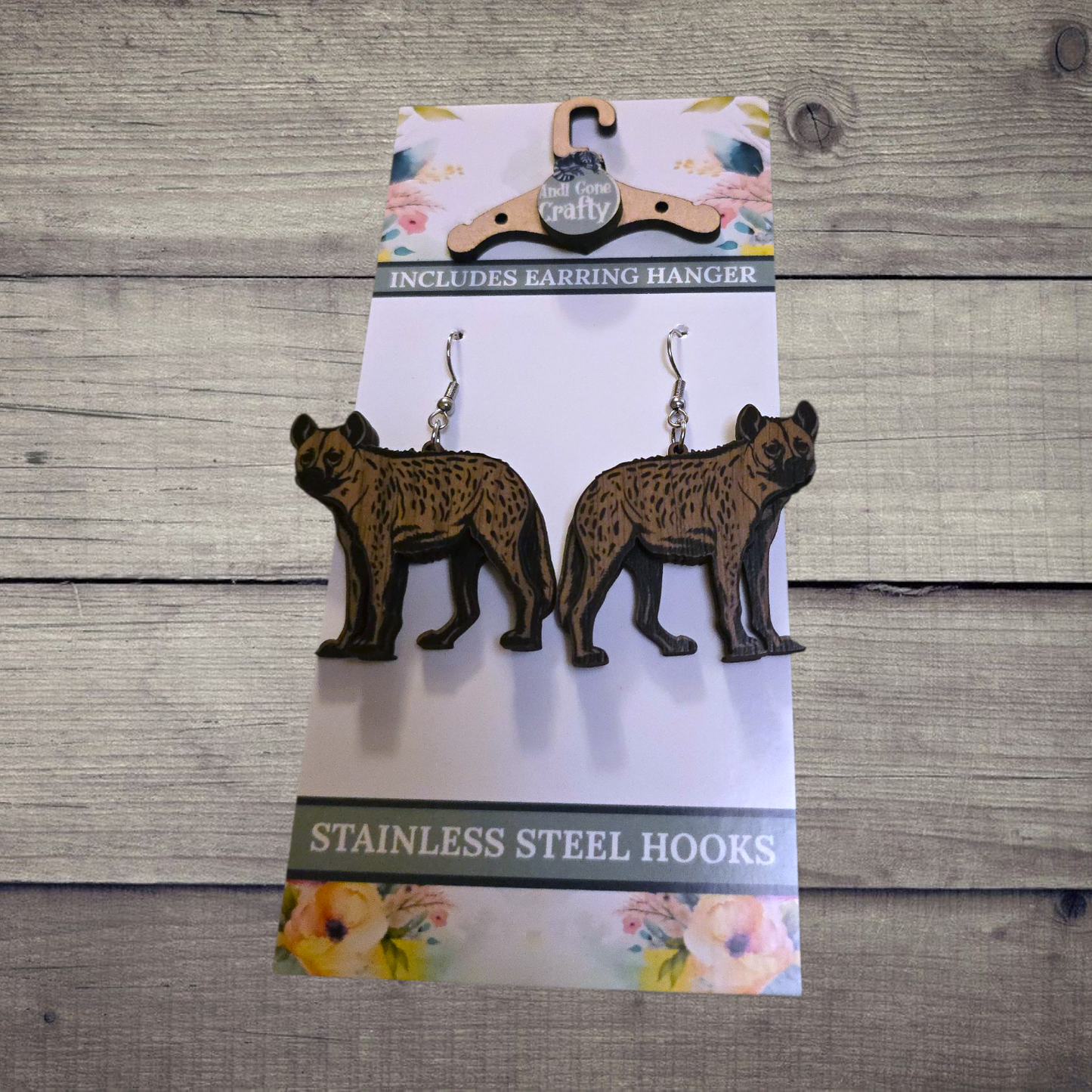 Hyena - (Lightweight Wood and Stainless Steel Hooks) - Earring Number 300171