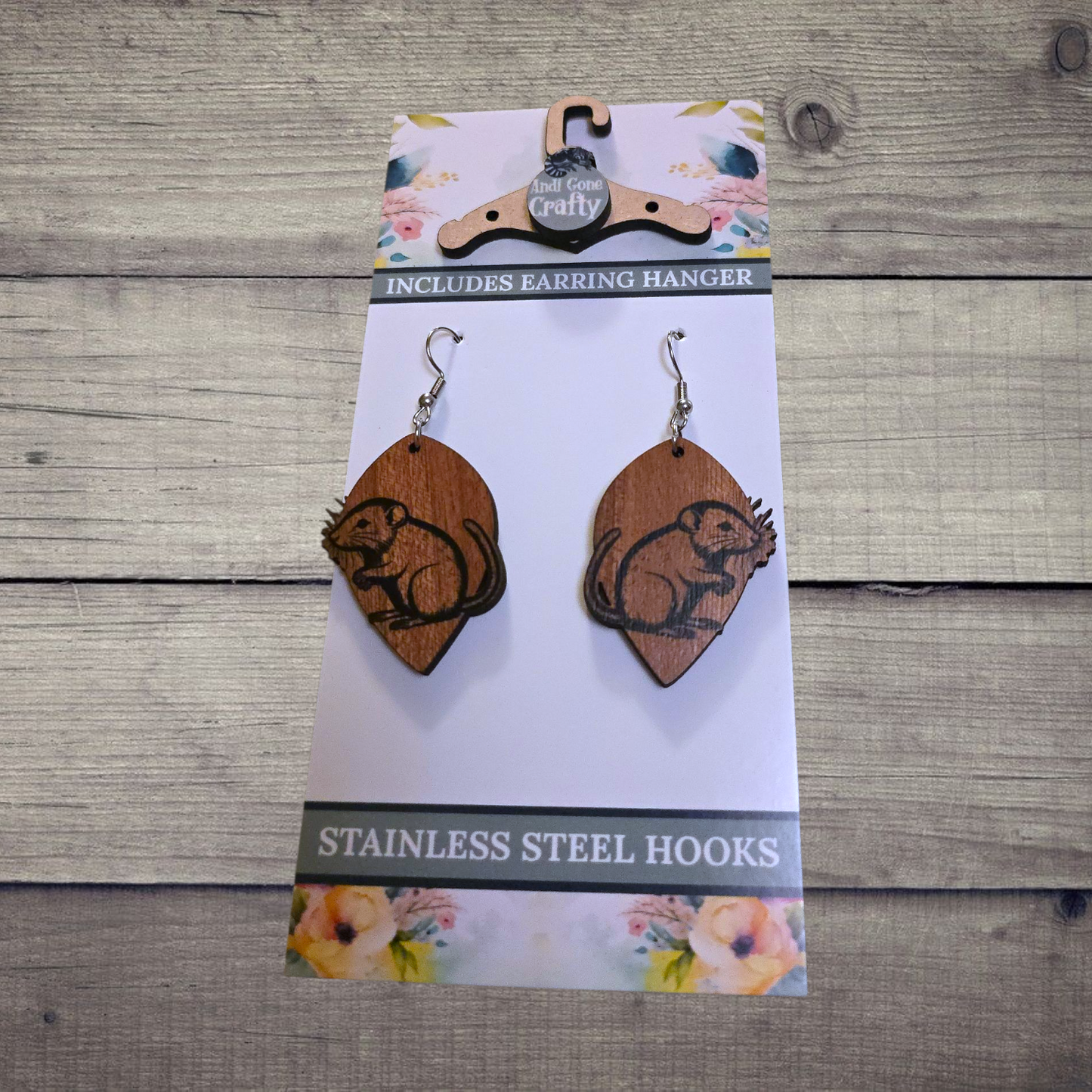 Pygmy Shrew - (Lightweight Wood and Stainless Steel Hooks) - Earring Number 300277