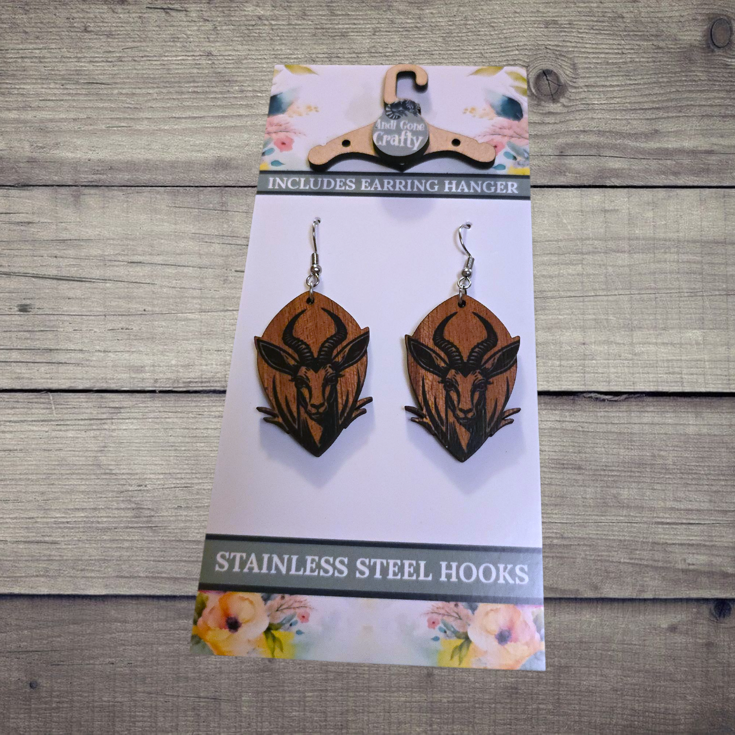 Springbok - (Lightweight Wood and Stainless Steel Hooks) - Earring Number 300279