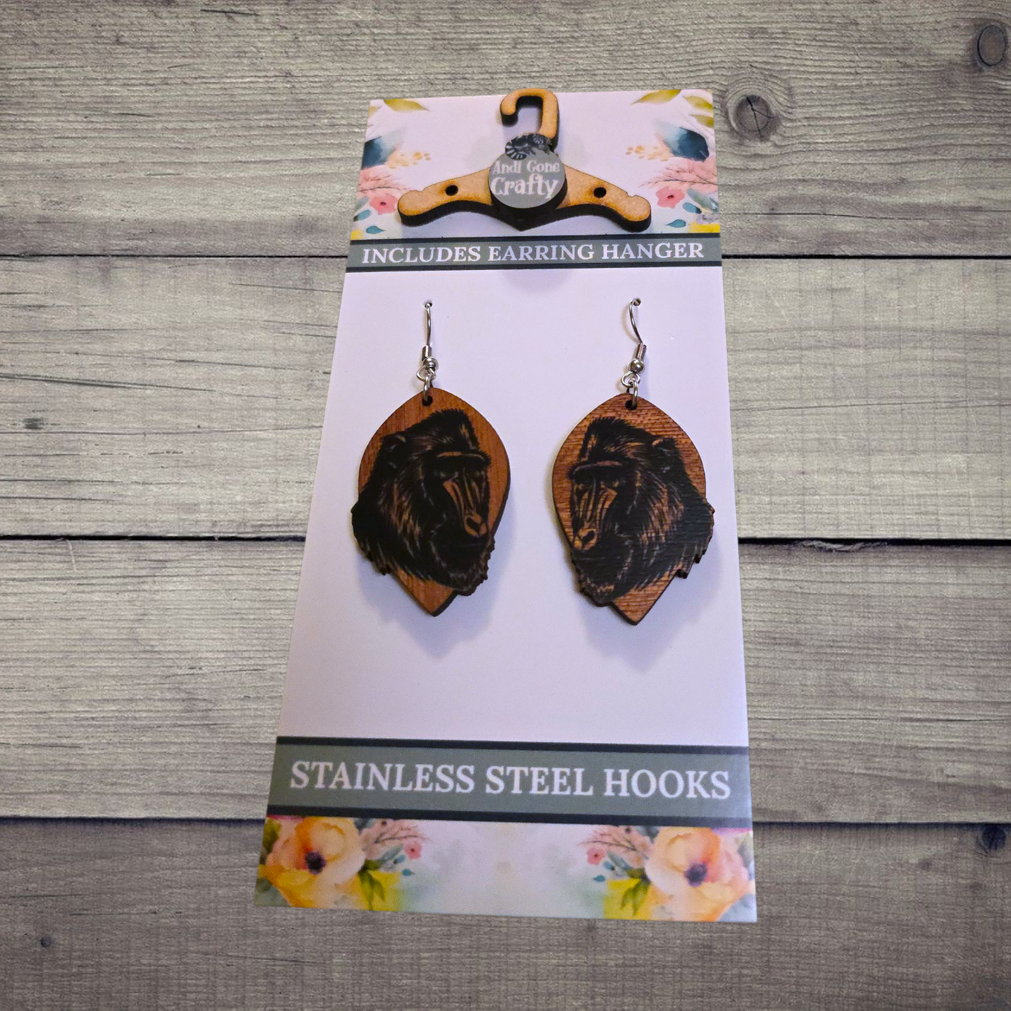 Mandril - (Lightweight Wood and Stainless Steel Hooks) - Earring Number 300281