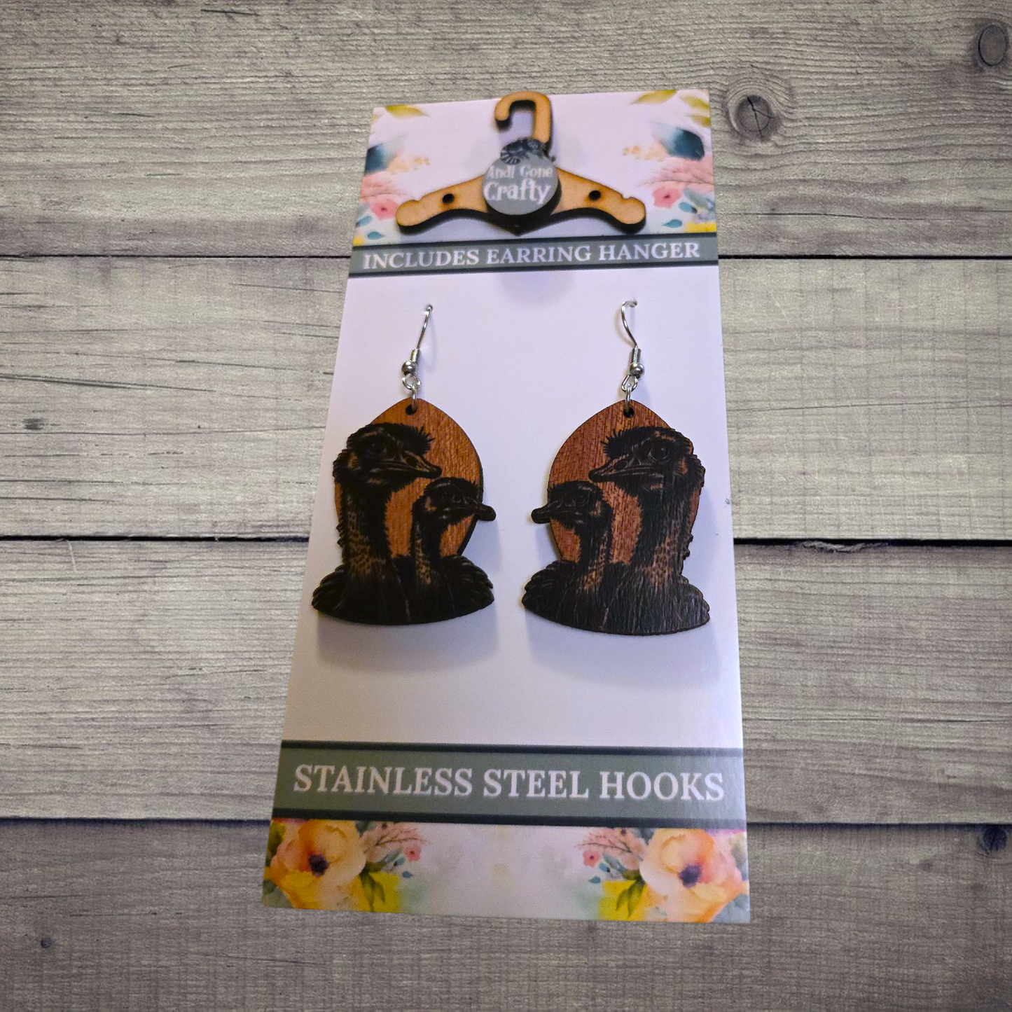 Ostrich - (Lightweight Wood and Stainless Steel Hooks) - Earring Number 300283