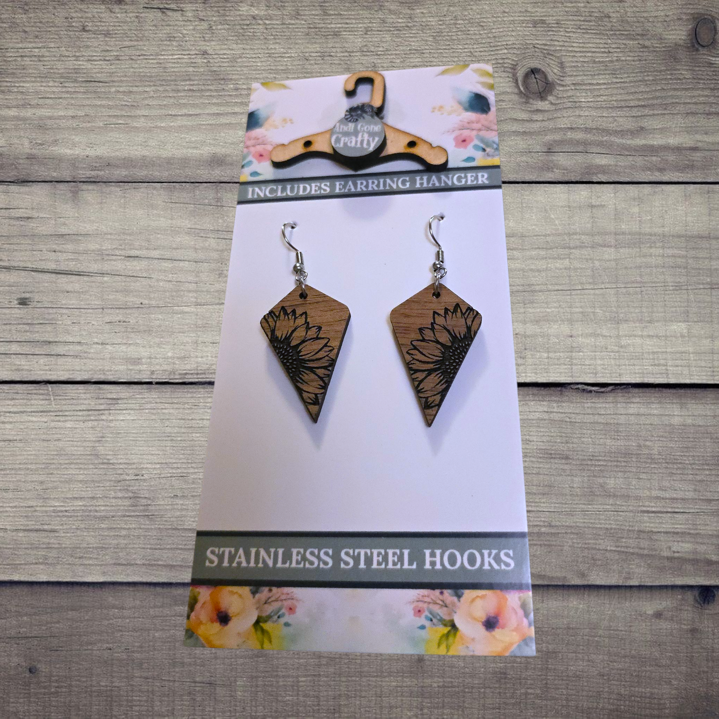 Flower - (Lightweight Wood and Stainless Steel Hooks) - Earring Number 300285