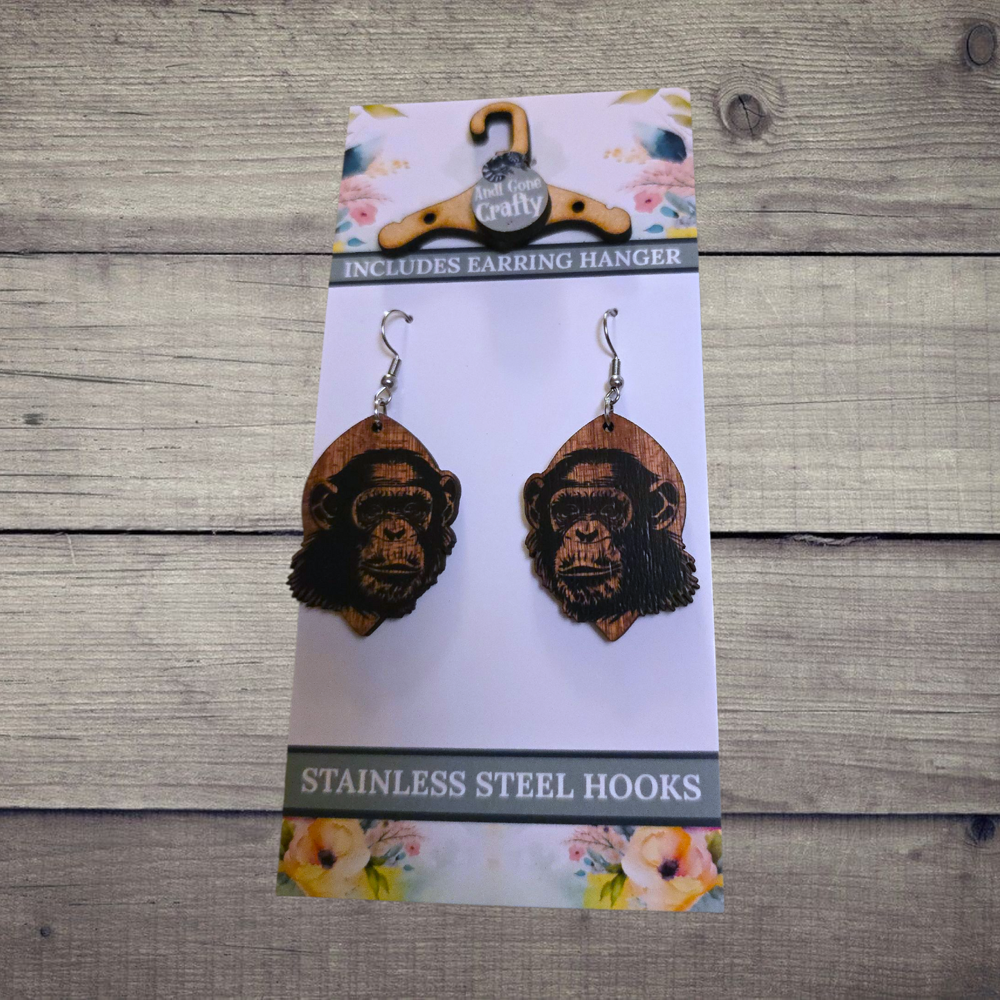 Chimpanzee - (Lightweight Wood and Stainless Steel Hooks) - Earring Number 300286