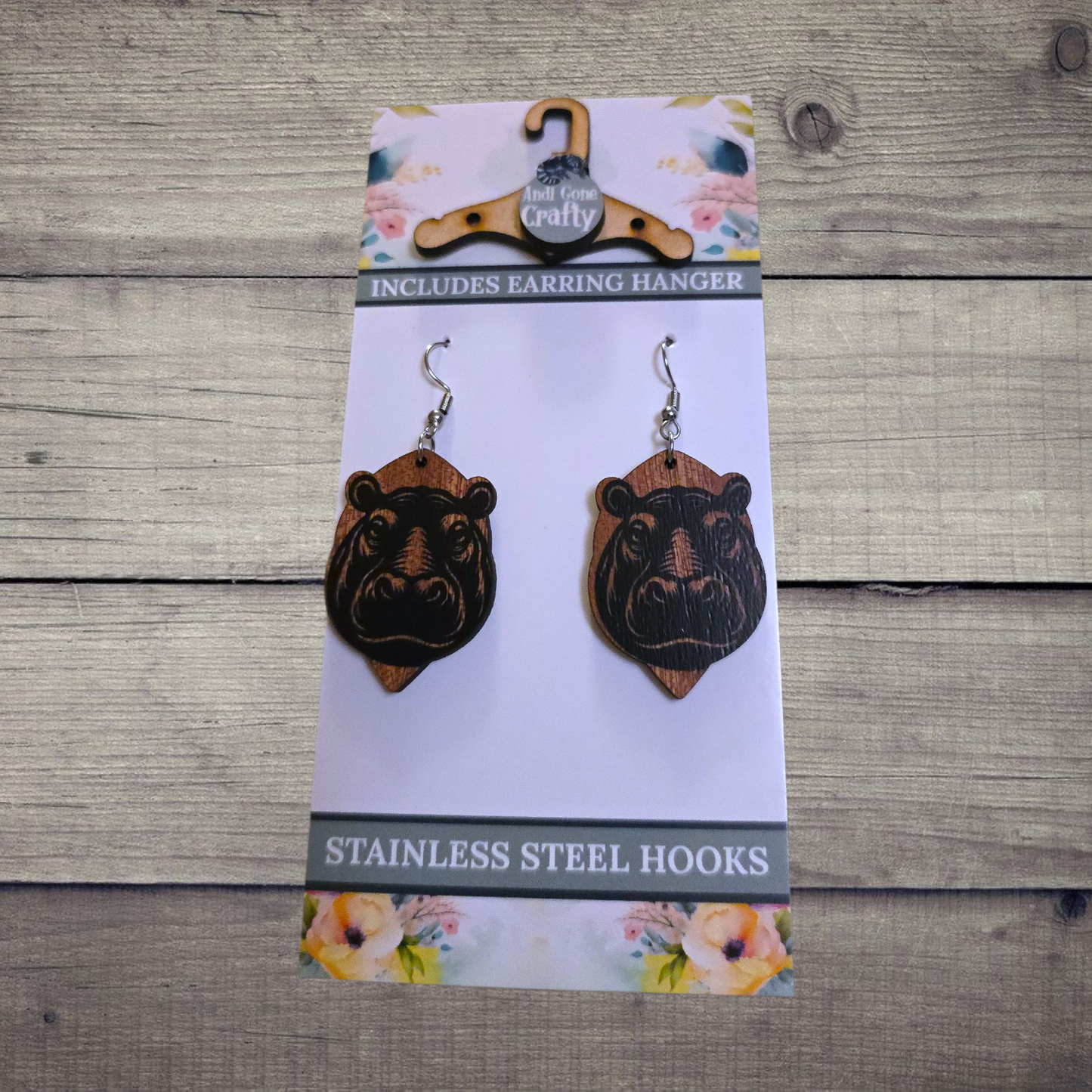 Hippo - (Lightweight Wood and Stainless Steel Hooks) - Earring Number 300288