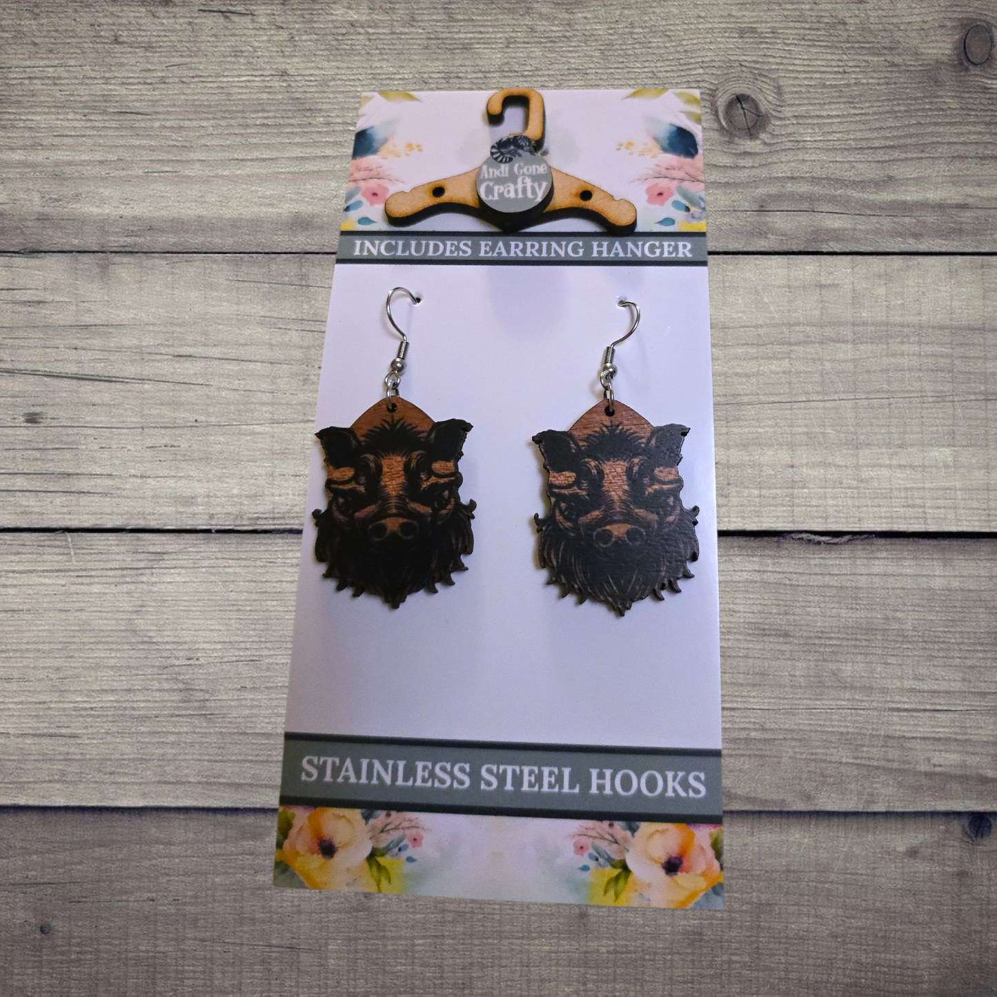 Warthog - (Lightweight Wood and Stainless Steel Hooks) - Earring Number 300294