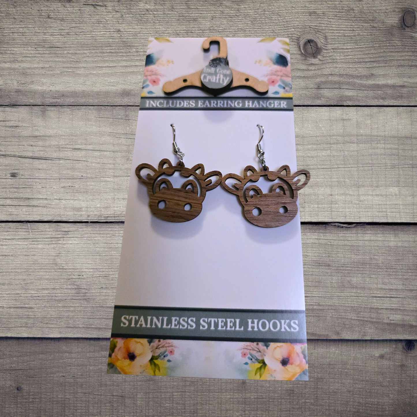 Cow - (Lightweight Wood and Stainless Steel Hooks) - Earring Number 300269