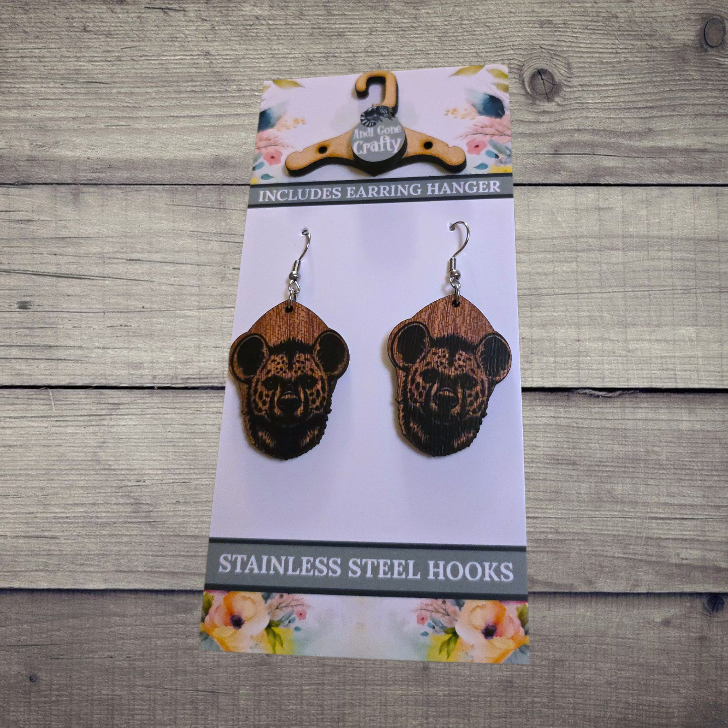 Hyena - (Lightweight Wood and Stainless Steel Hooks) - Earring Number 300254