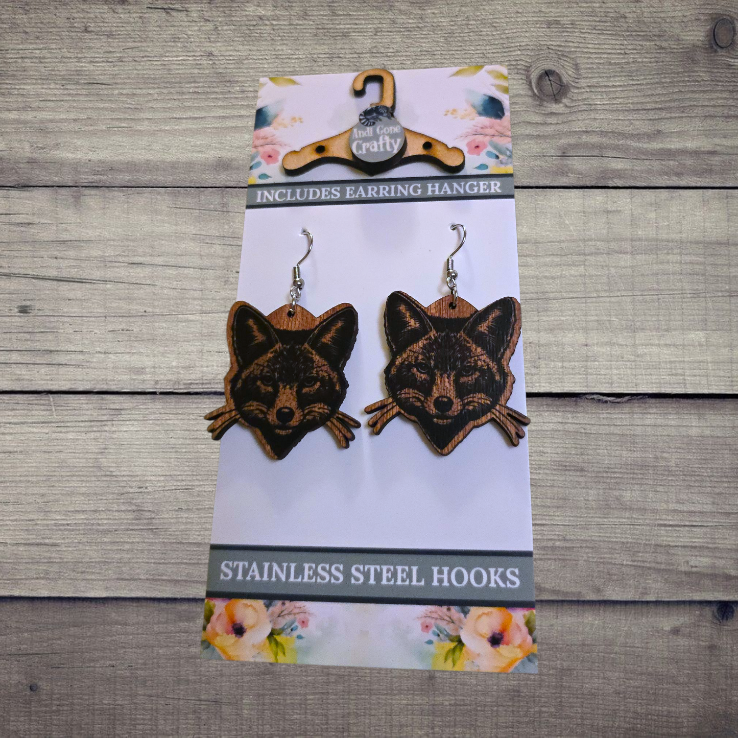 Jackal - (Lightweight Wood and Stainless Steel Hooks) - Earring Number 300255