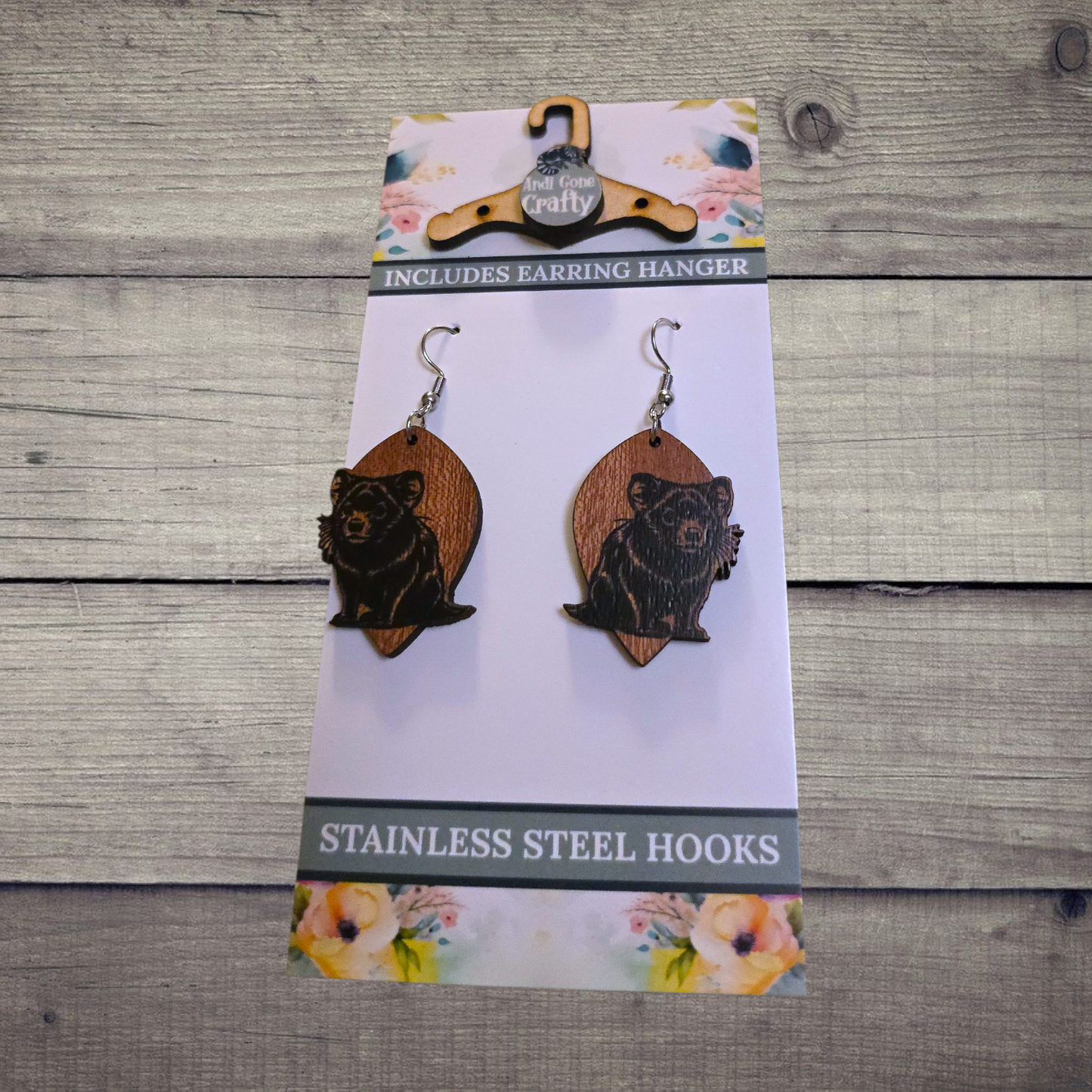 Tasmanian Devil- (Lightweight Wood and Stainless Steel Hooks) - Earring Number 300256