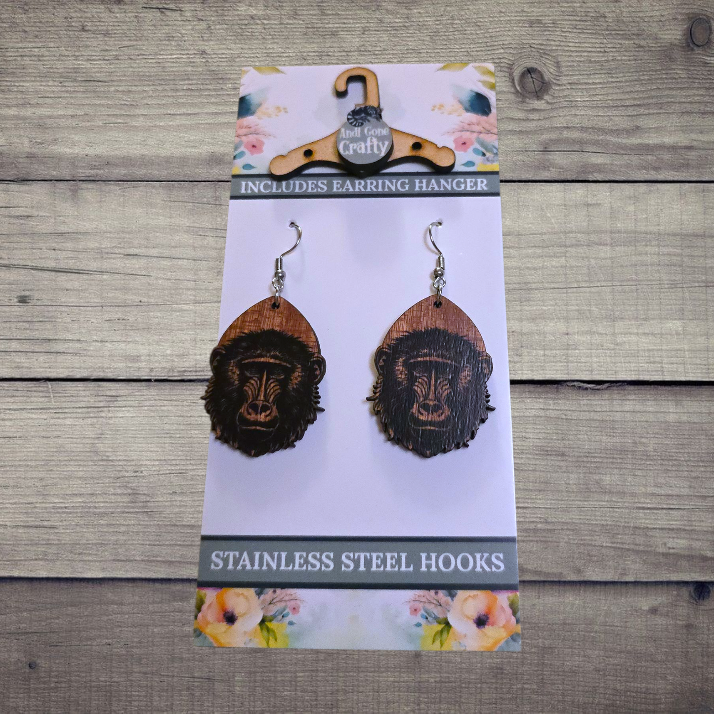 Baboon - (Lightweight Wood and Stainless Steel Hooks) - Earring Number 300258