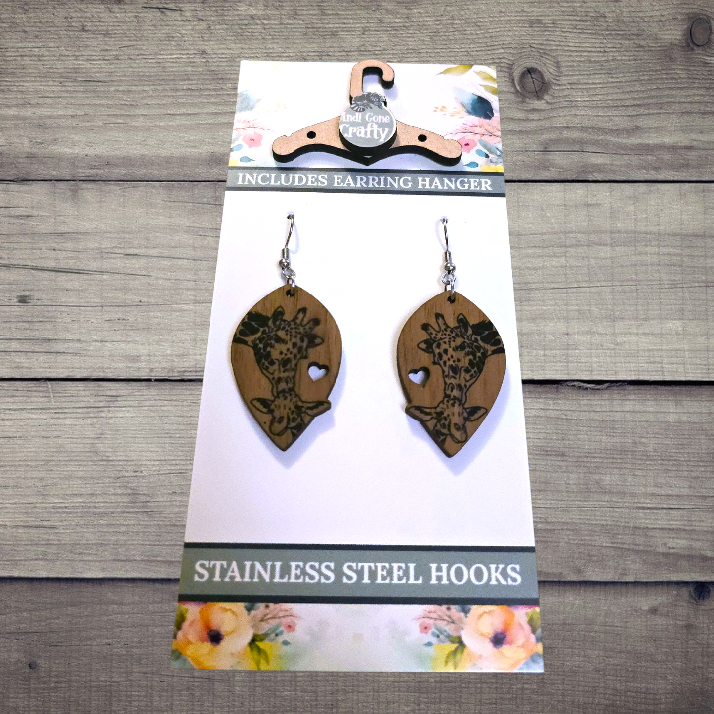 Giraffe Mama and Baby - (Lightweight Wood and Stainless Steel Hooks) - Earring Number 300251