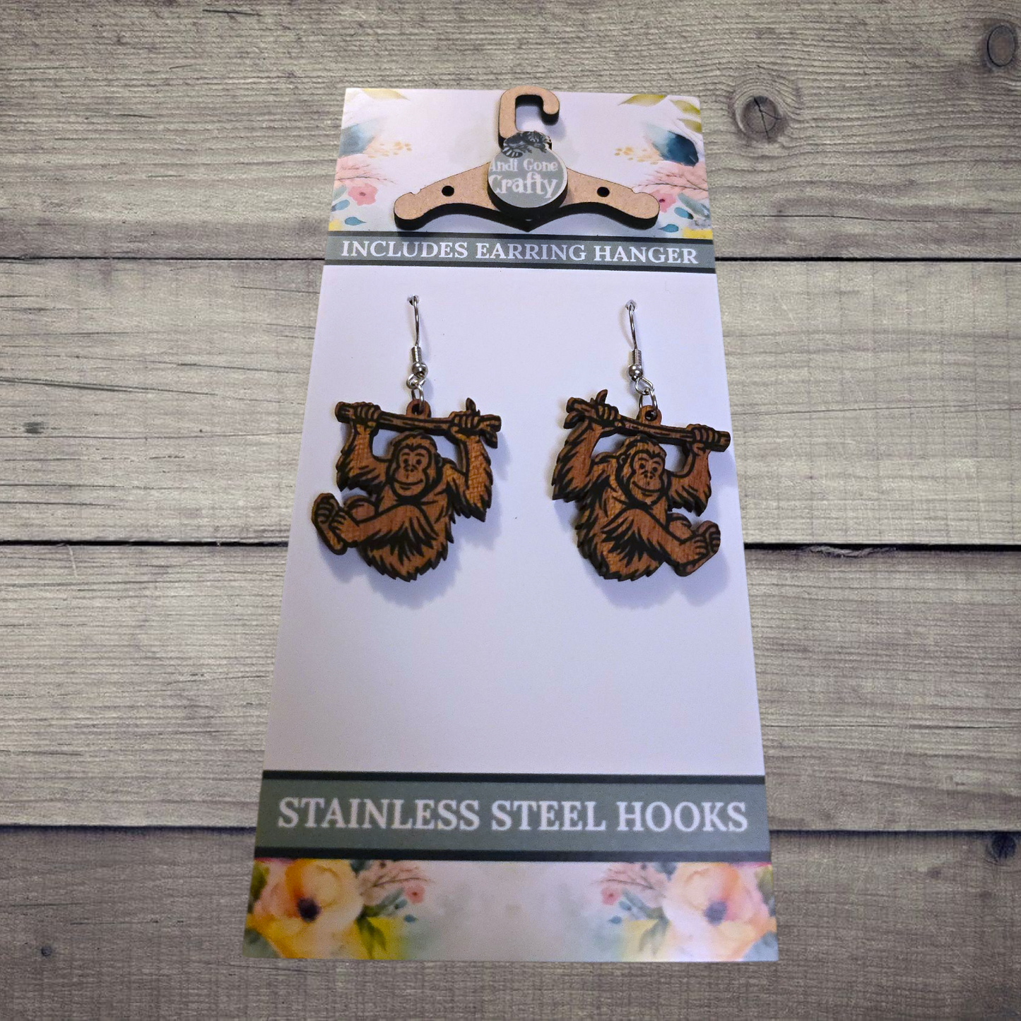 Orangutang - (Lightweight Wood and Stainless Steel Hooks) - Earring Number 300224