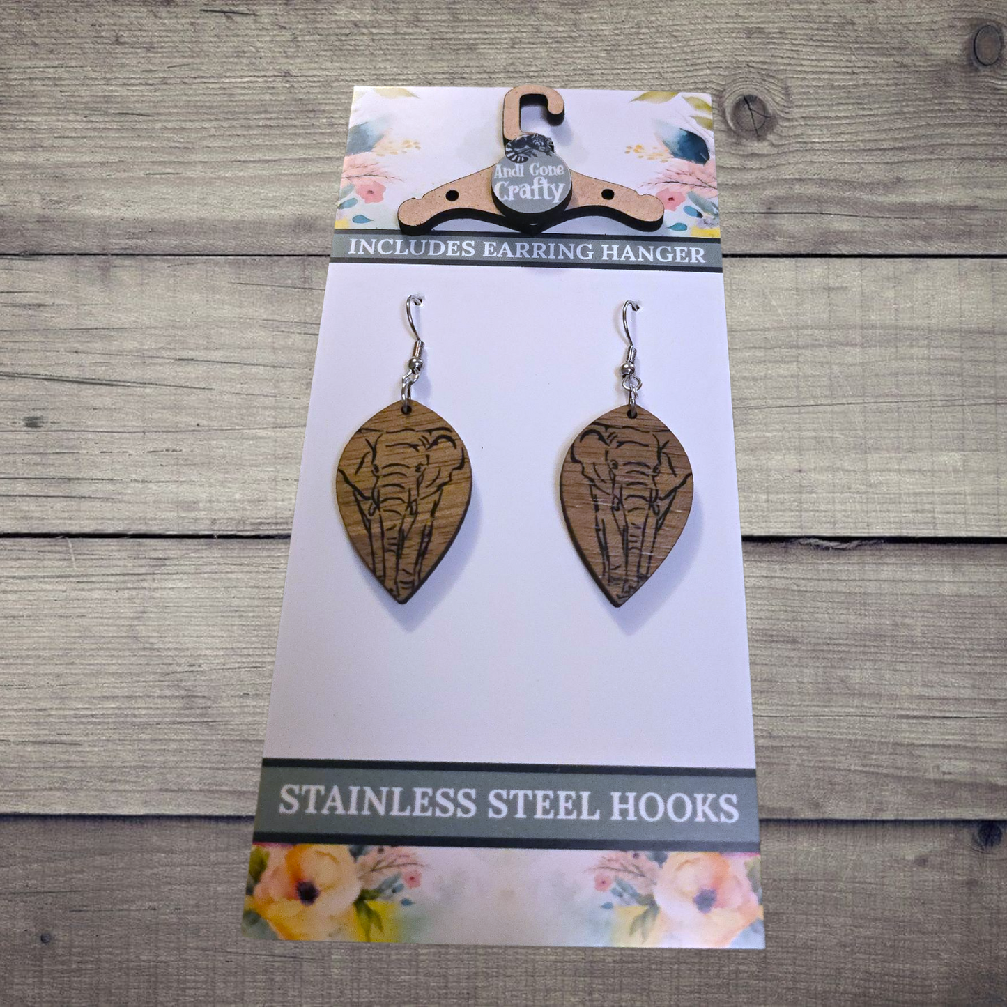 Elephant - (Lightweight Wood and Stainless Steel Hooks) - Earring Number 300227