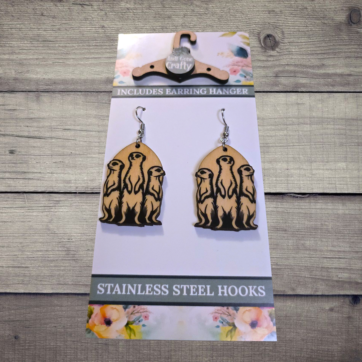 Meerkat - (Lightweight Wood and Stainless Steel Hooks) - Earring Number 300231