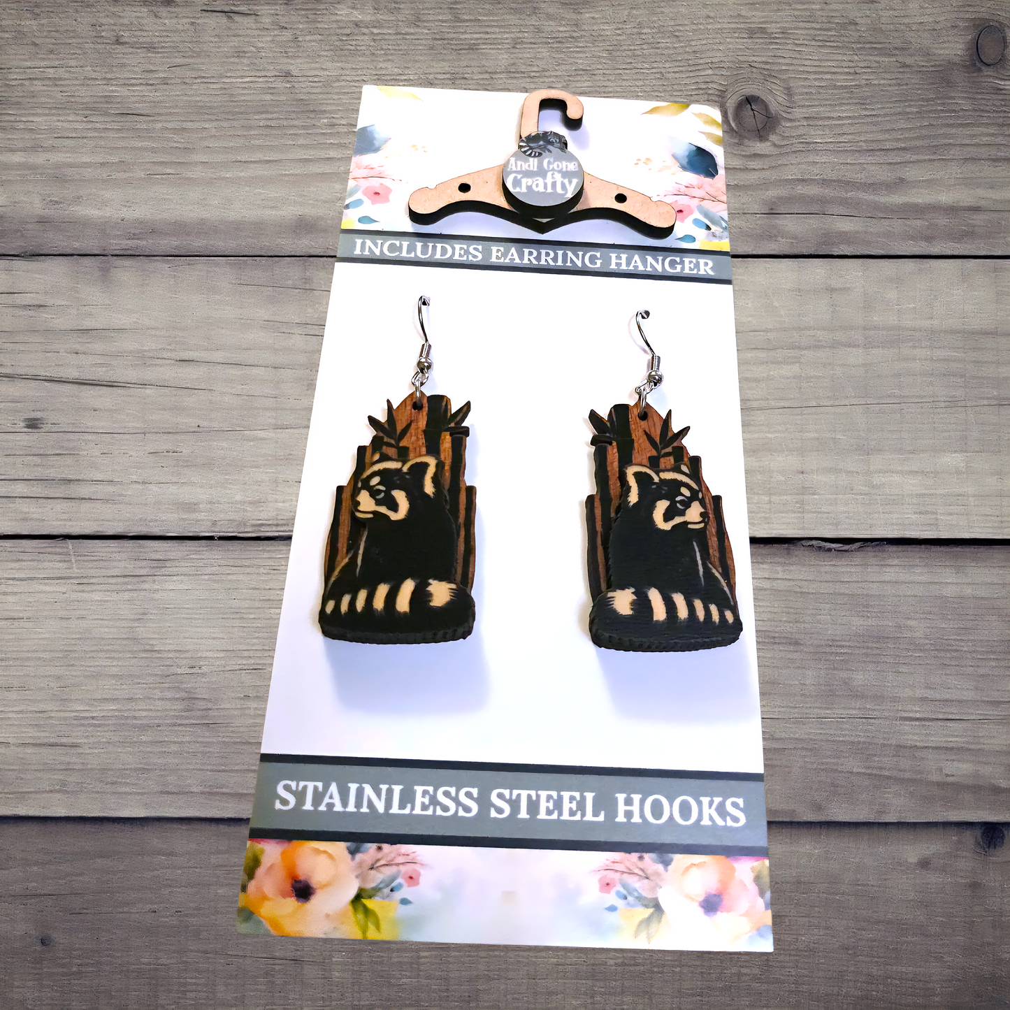 Red Panda - (Lightweight Wood and Stainless Steel Hooks) - Earring Number 300232