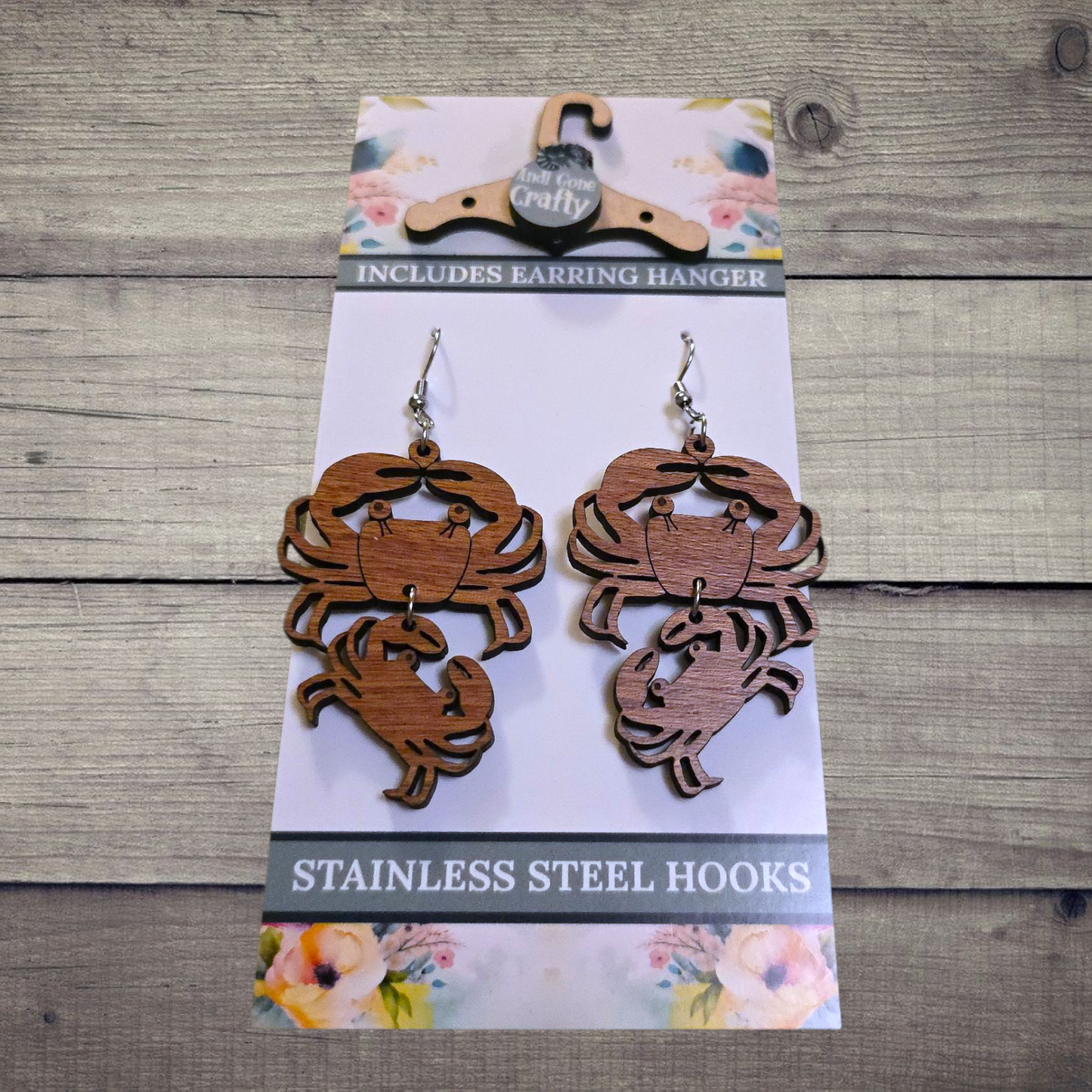 Crab - (Lightweight Wood and Stainless Steel Hooks) - Earring Number 300237