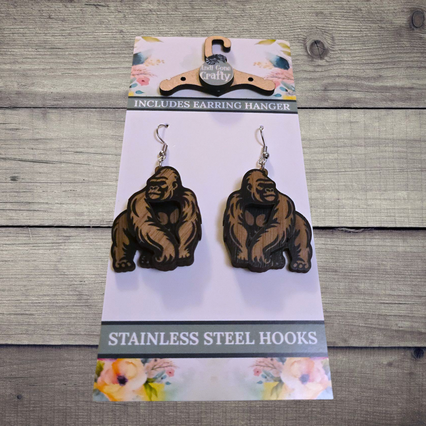 Gorilla - (Lightweight Wood and Stainless Steel Hooks) - Earring Number 300241