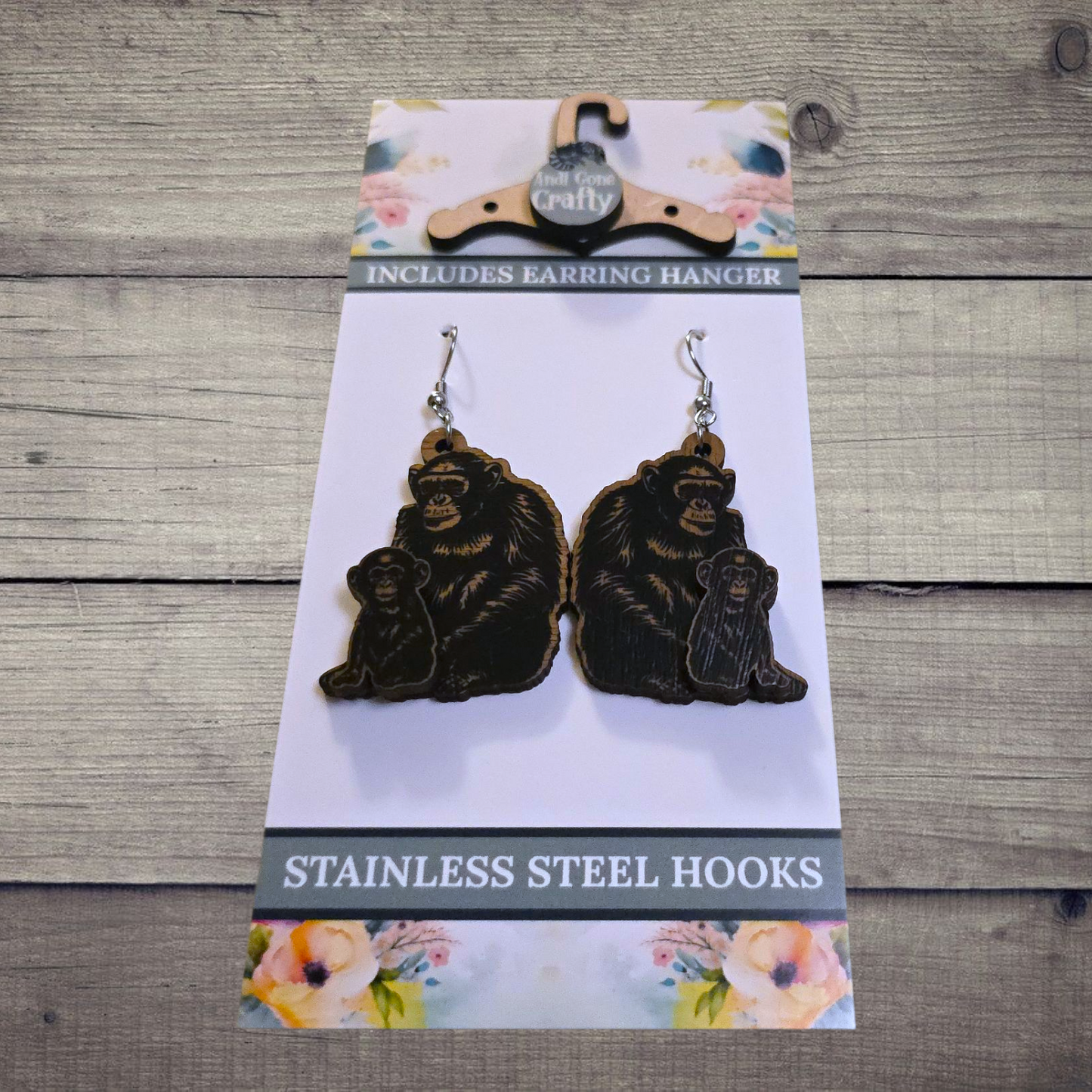 Chimpanzee - (Lightweight Wood and Stainless Steel Hooks) - Earring Number 300091