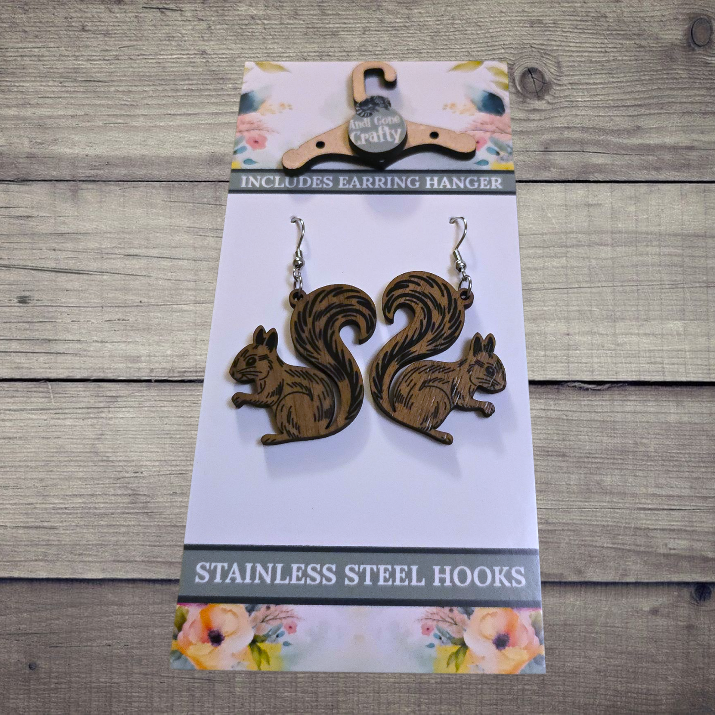 Squirrel - (Lightweight Wood and Stainless Steel Hooks) - Earring Number 300102