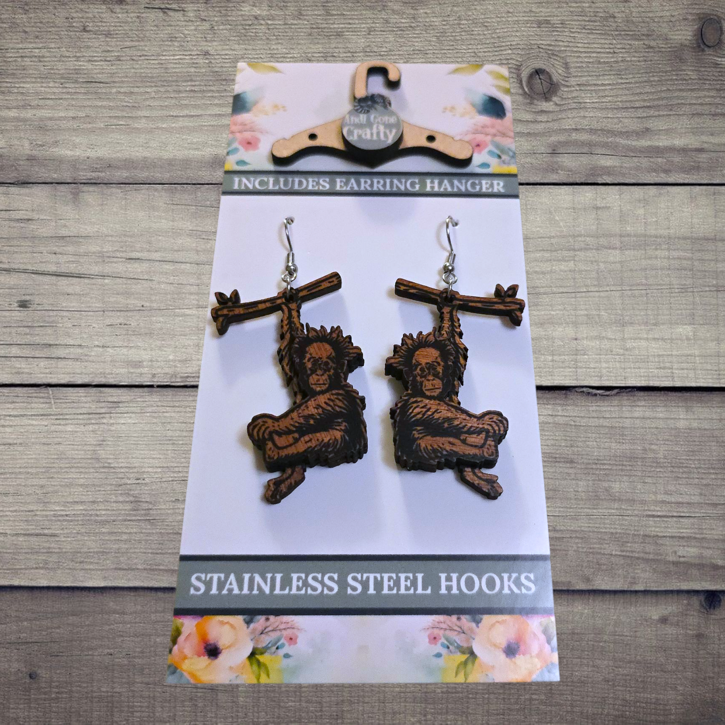Baby Orangutang - (Lightweight Wood and Stainless Steel Hooks) - Earring Number 300244