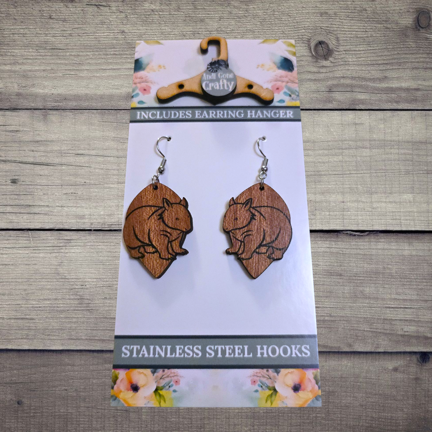 Wombat - (Lightweight Wood and Stainless Steel Hooks) - Earring Number 300246