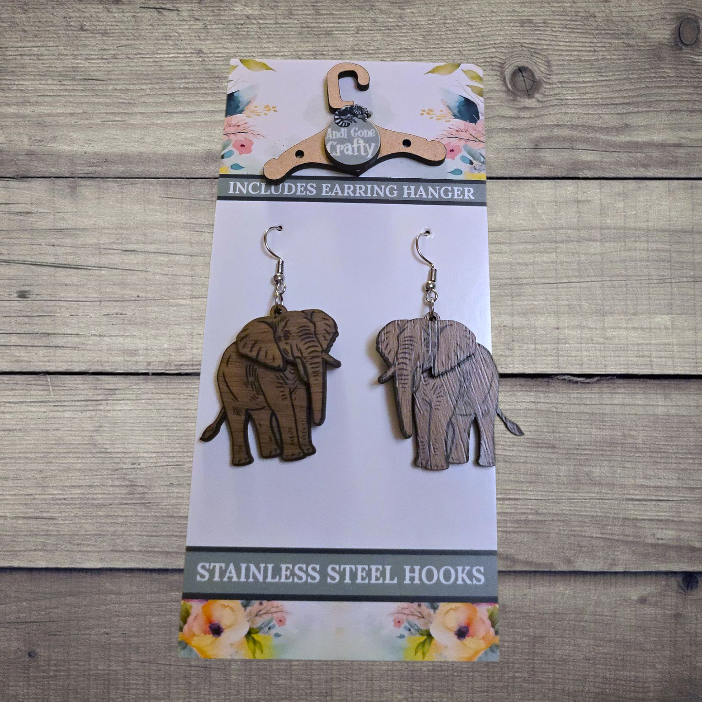 Elephant - (Lightweight Wood and Stainless Steel Hooks) - Earring Number 300248