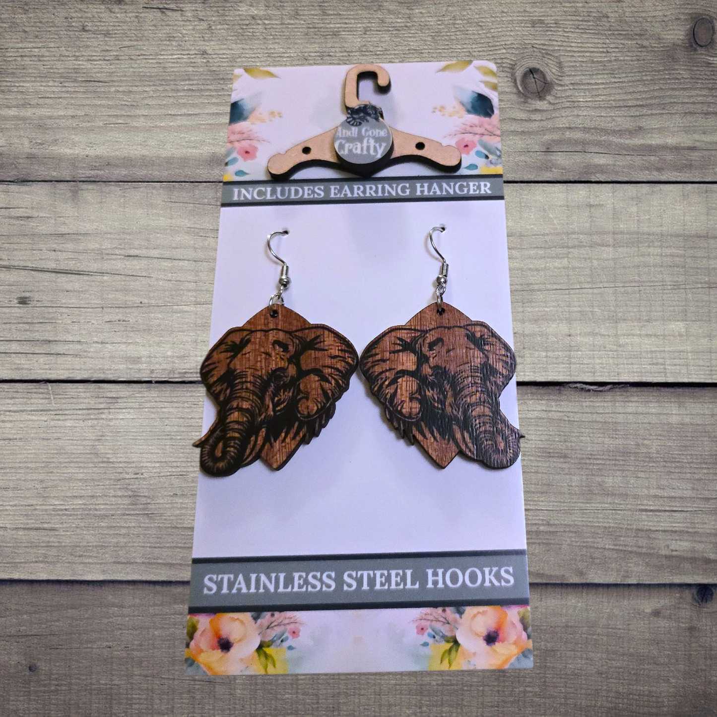 Elephant - (Lightweight Wood and Stainless Steel Hooks) - Earring Number 300219