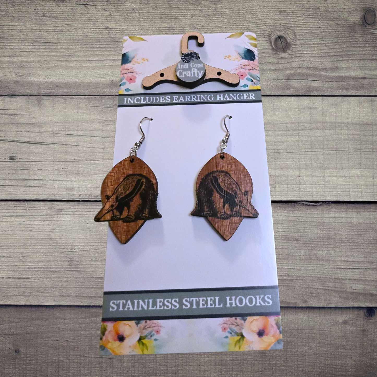 Giant Anteater - (Lightweight Wood and Stainless Steel Hooks) - Earring Number 300220