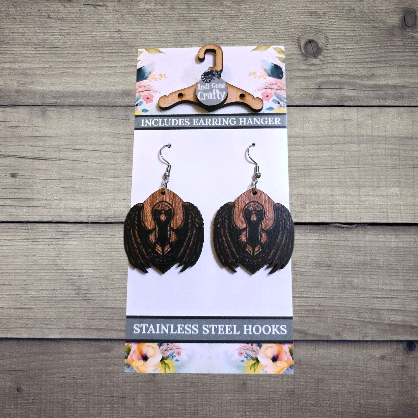 Vulture - (Lightweight Wood and Stainless Steel Hooks) - Earring Number 300214