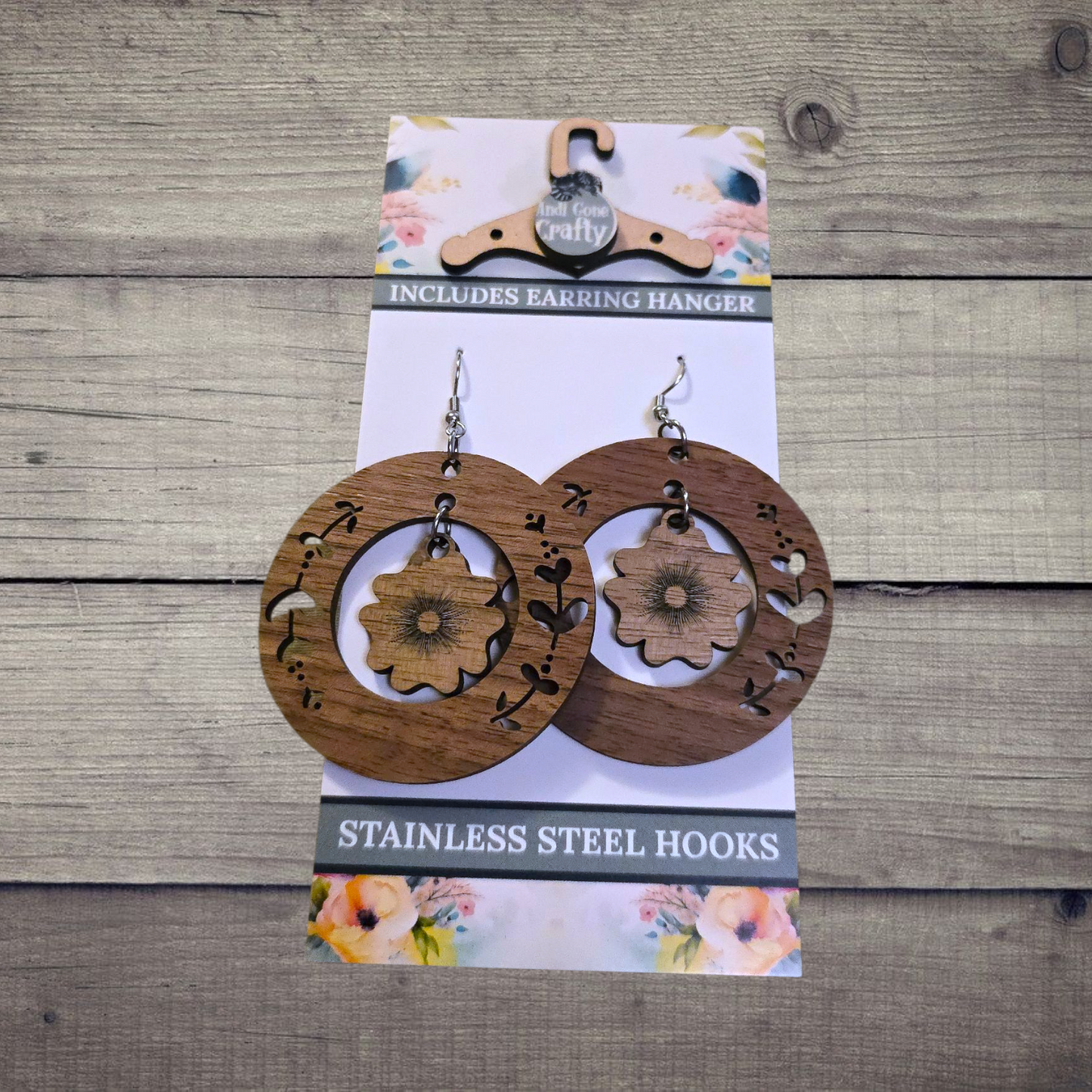 Flower Large - (Lightweight Wood and Stainless Steel Hooks) - Earring Number 300170
