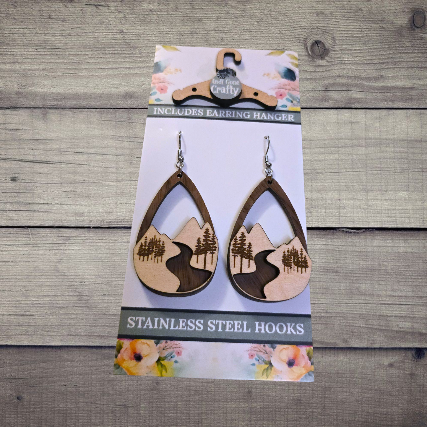 Mountain - (Lightweight Wood and Stainless Steel Hooks) - Earring Number 300177