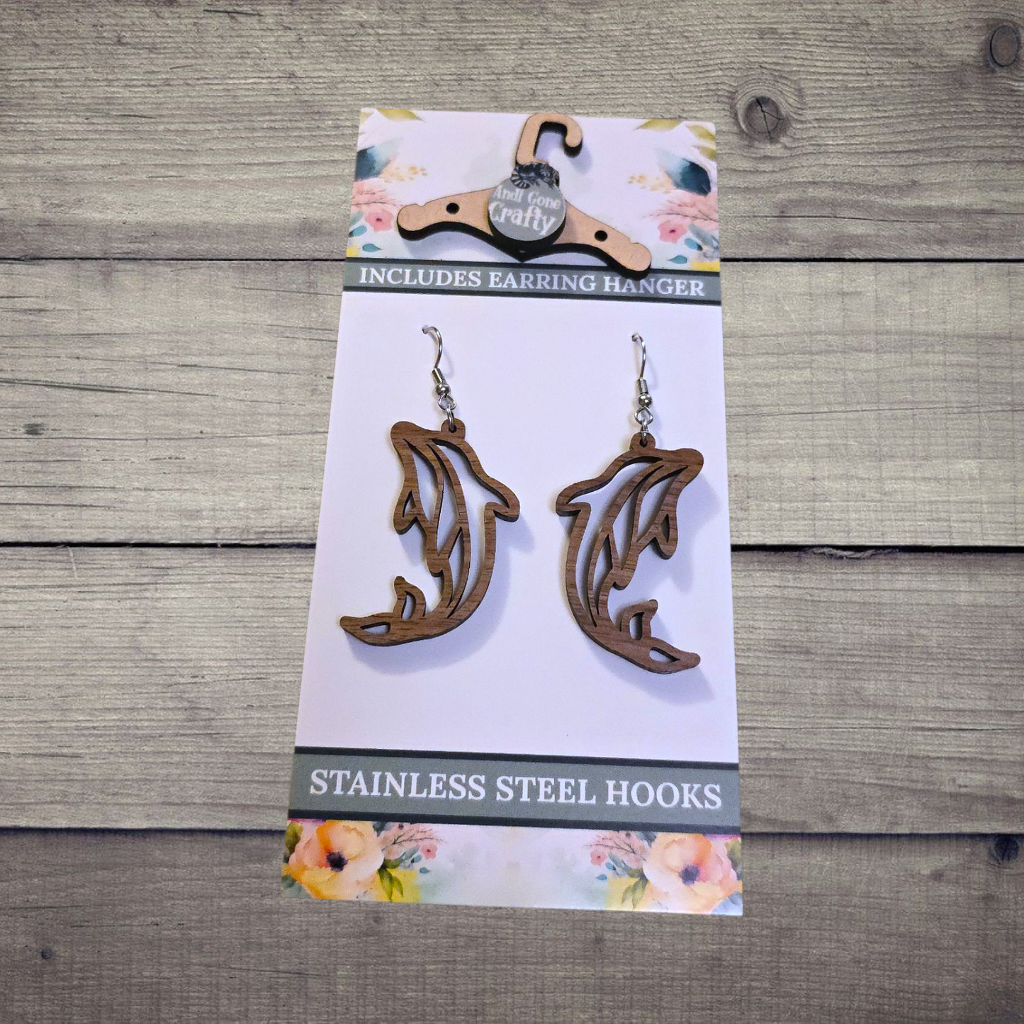 Dolphin - (Lightweight Wood and Stainless Steel Hooks) - Earring Number 300187