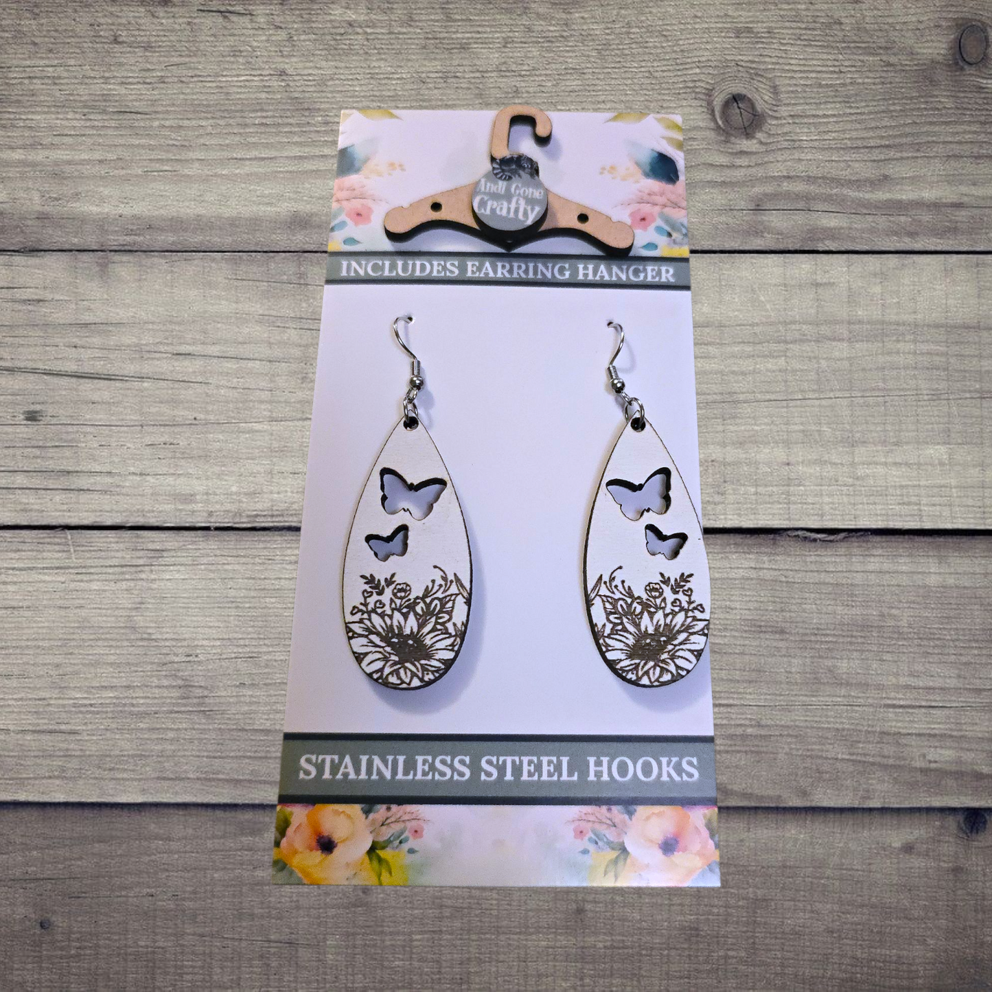 Flower - (Lightweight Wood and Stainless Steel Hooks) - Earring Number 300193