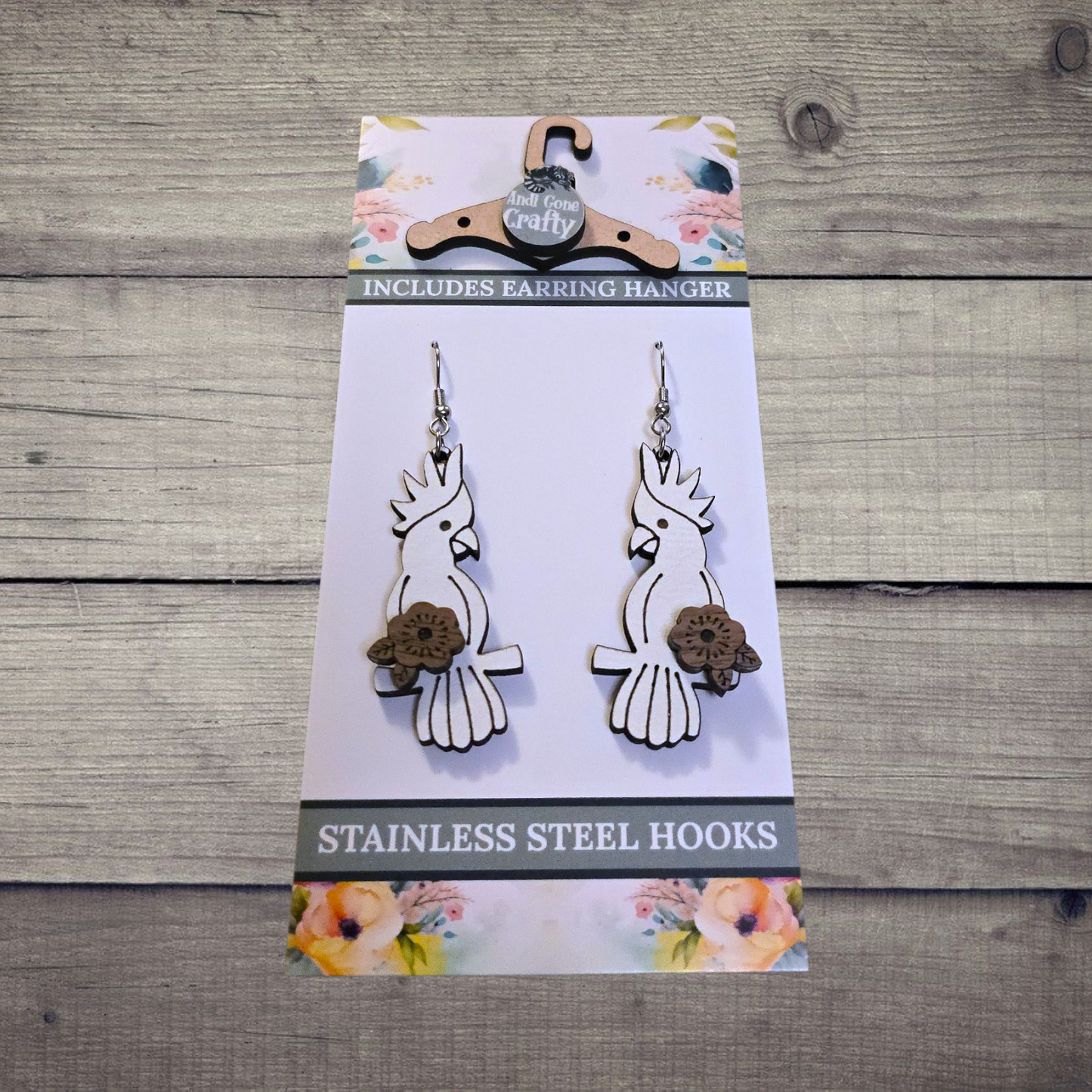 Cockatoo - (Lightweight Wood and Stainless Steel Hooks) - Earring Number 300195
