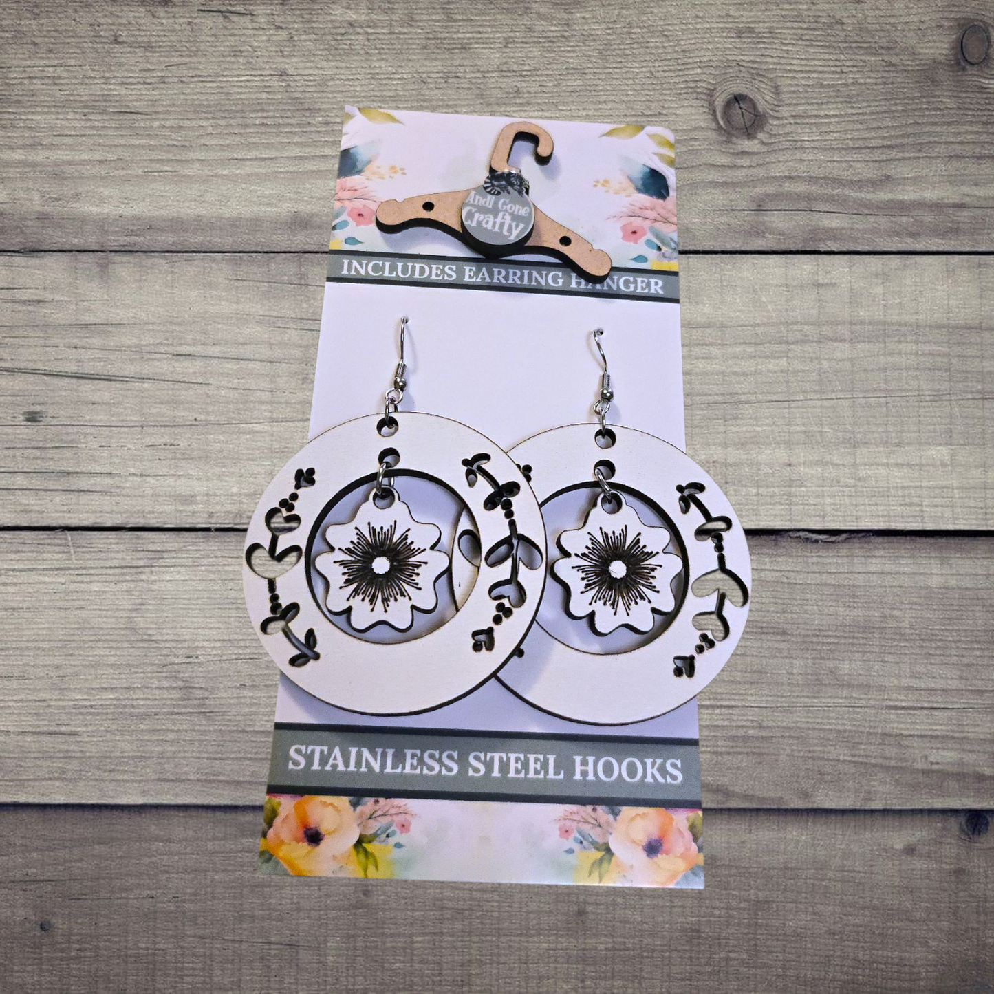Flower Large - (Lightweight Wood and Stainless Steel Hooks) - Earring Number 300203