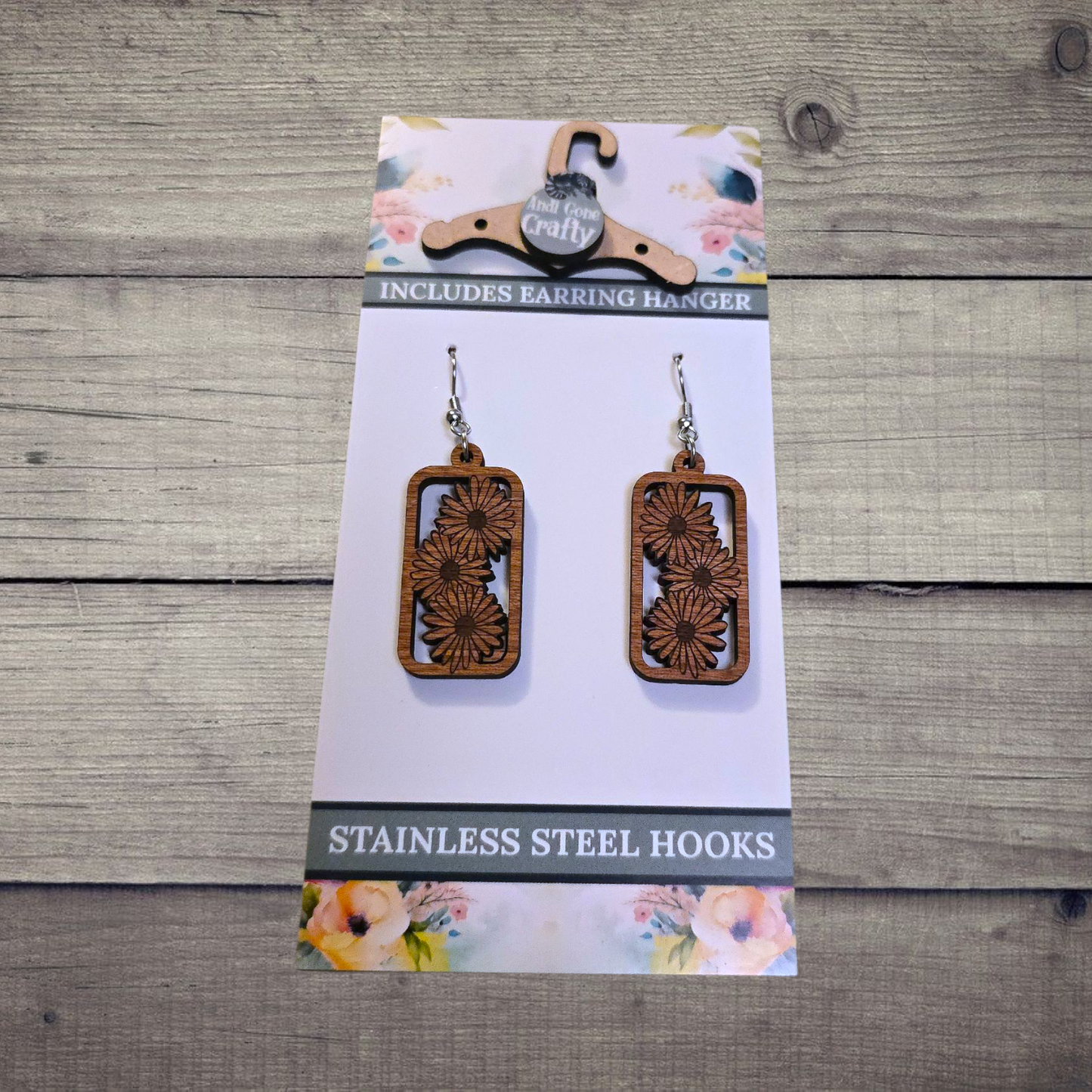 Flower - (Lightweight Wood and Stainless Steel Hooks) - Earring Number 300142