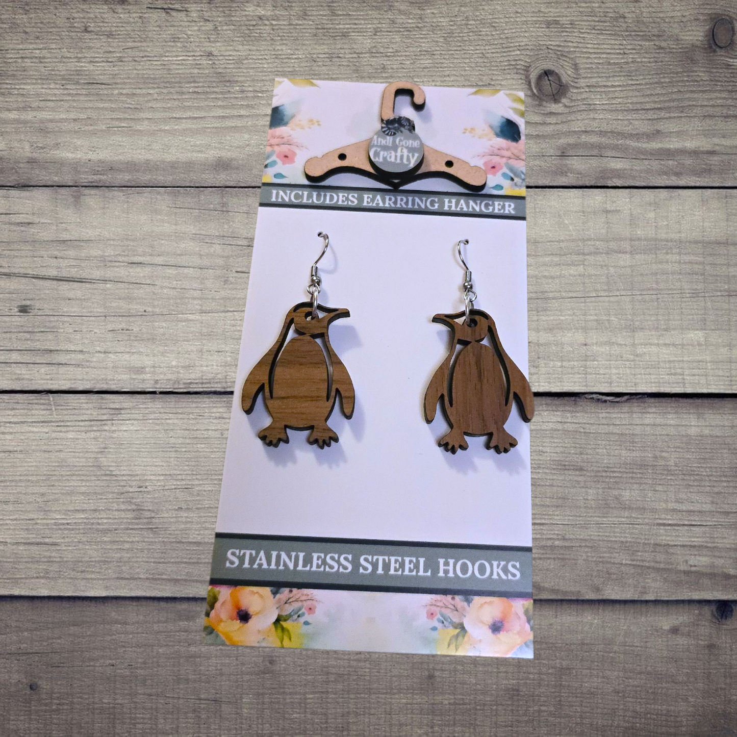 Penguin - (Lightweight Wood and Stainless Steel Hooks) - Earring Number 300143