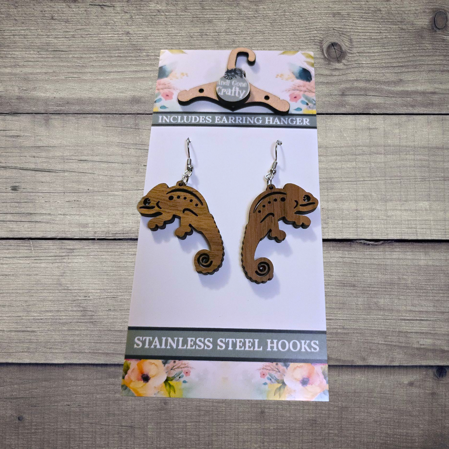 Chameleon - (Lightweight Wood and Stainless Steel Hooks) - Earring Number 300148