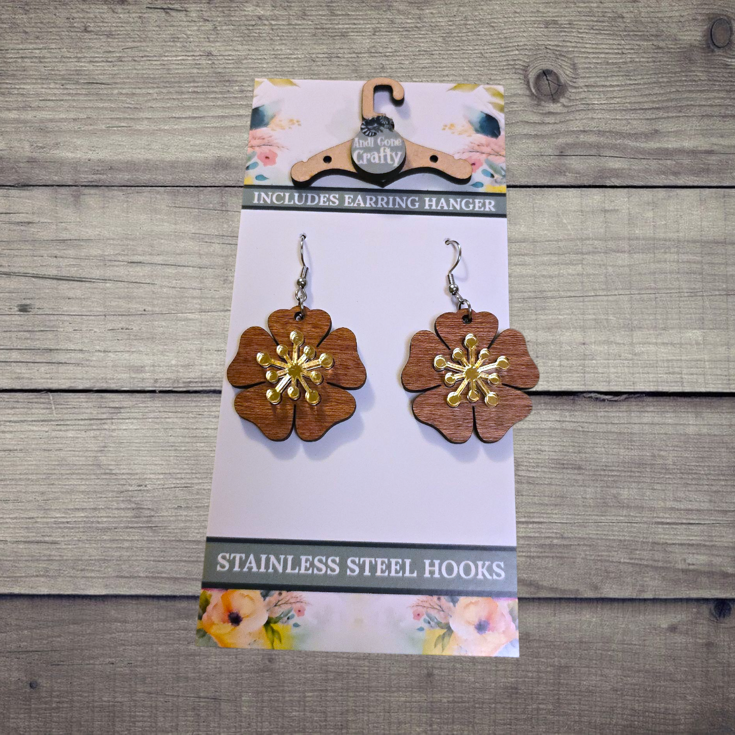 Flower - (Lightweight Wood and Stainless Steel Hooks) - Earring Number 300152