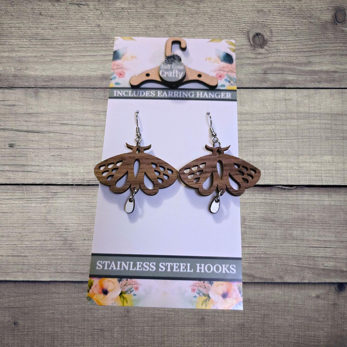 Moth - (Lightweight Wood and Stainless Steel Hooks) - Earring Number 300153