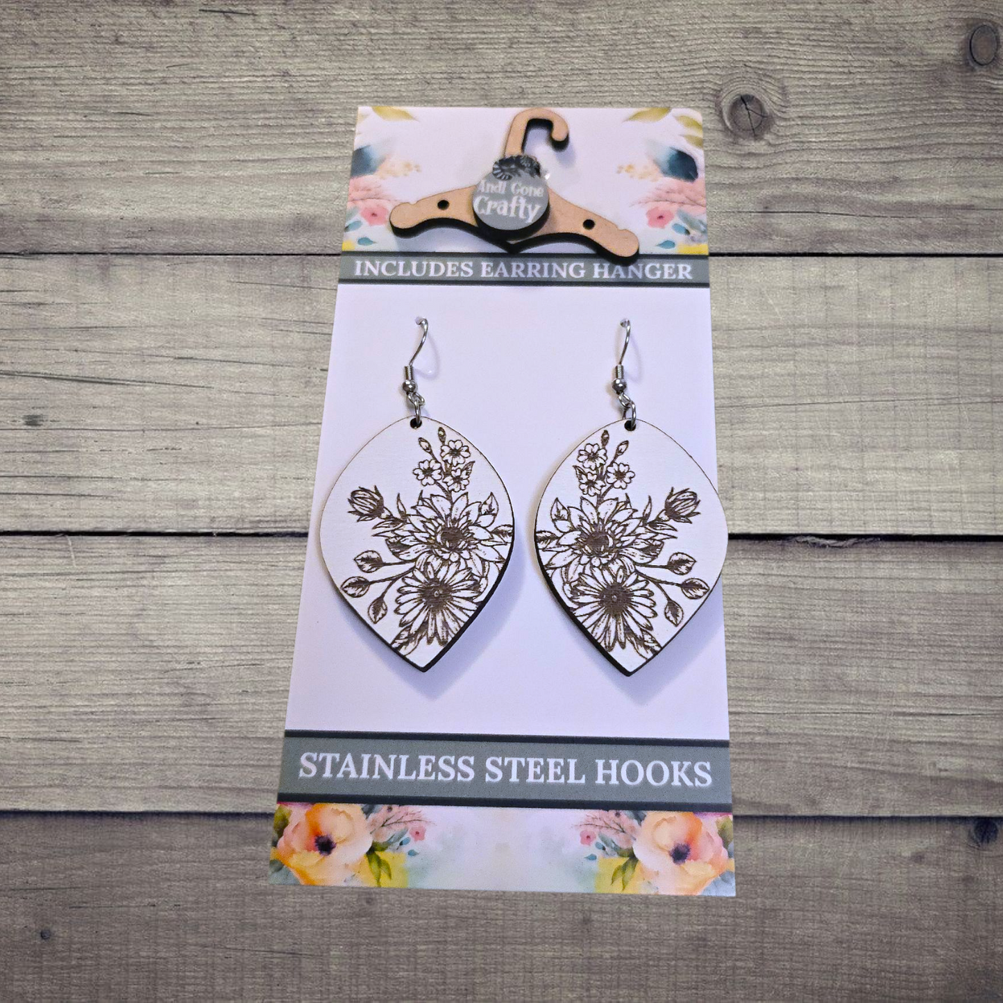 Flower - (Lightweight Wood and Stainless Steel Hooks) - Earring Number 300161