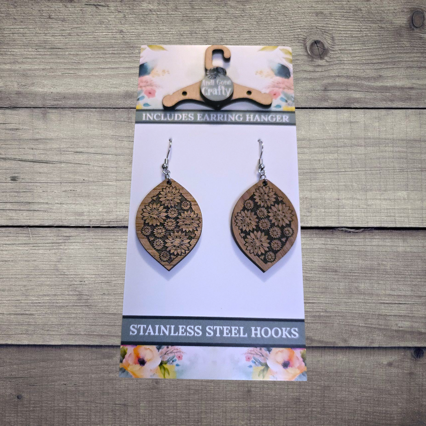 Flower - (Lightweight Wood and Stainless Steel Hooks) - Earring Number 300108