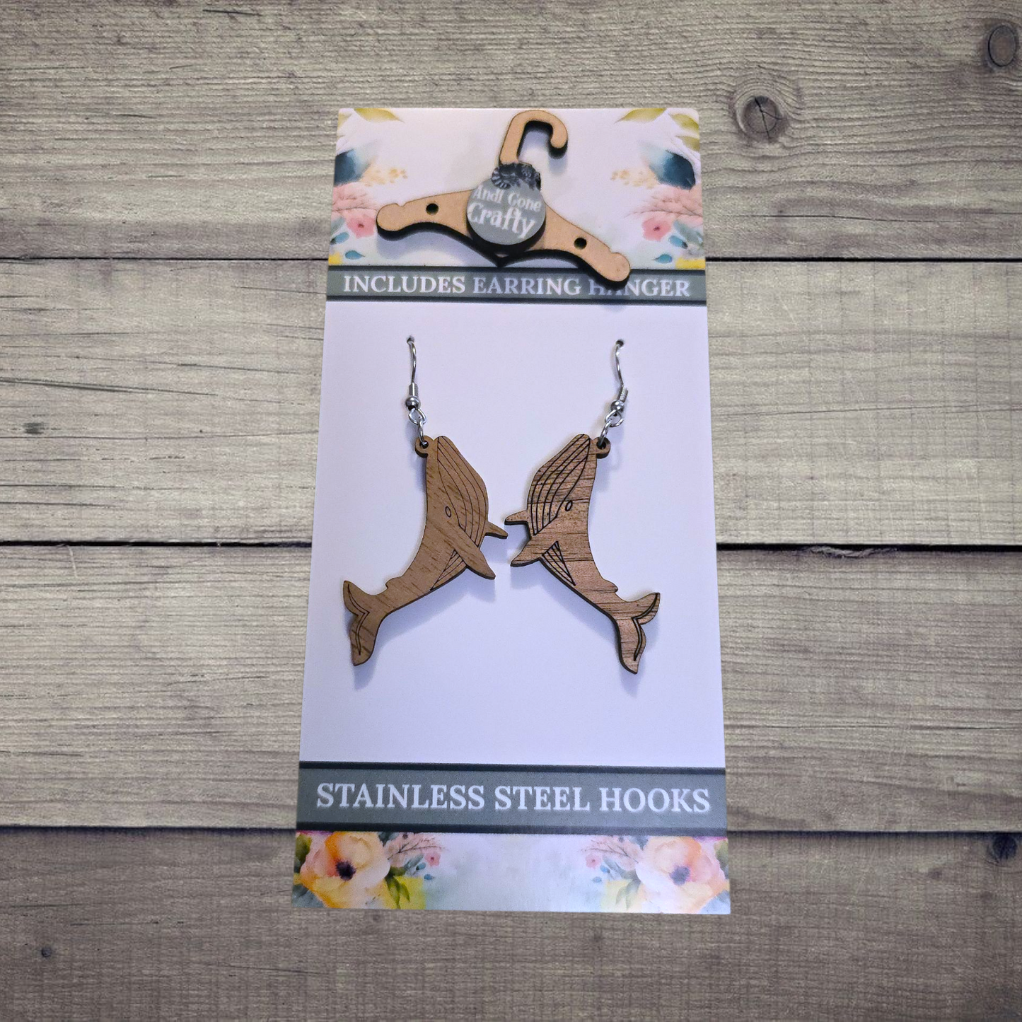 Whale - (Lightweight Wood and Stainless Steel Hooks) - Earring Number 300123