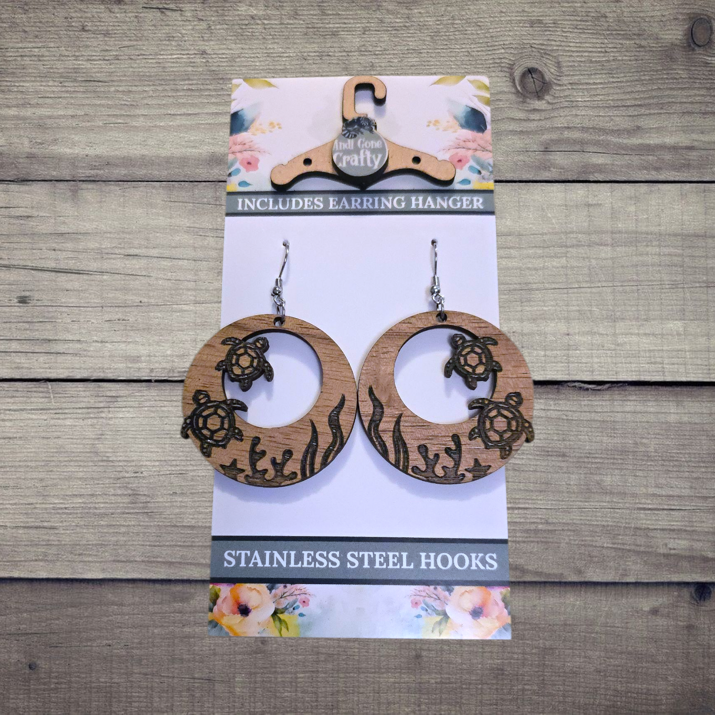 Sea Turtle - (Lightweight Wood and Stainless Steel Hooks) - Earring Number 300125