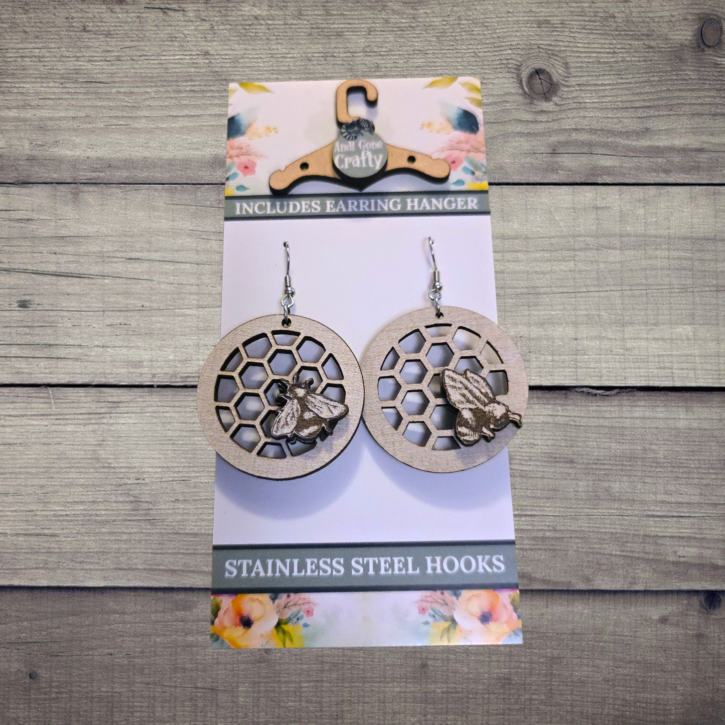 Bee- (Lightweight Wood and Stainless Steel Hooks) - Earring Number 300126